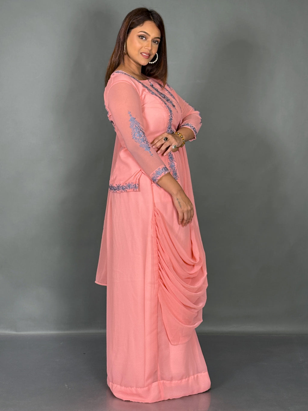 Blush Bloom Embroidered Fusion Saree Set
