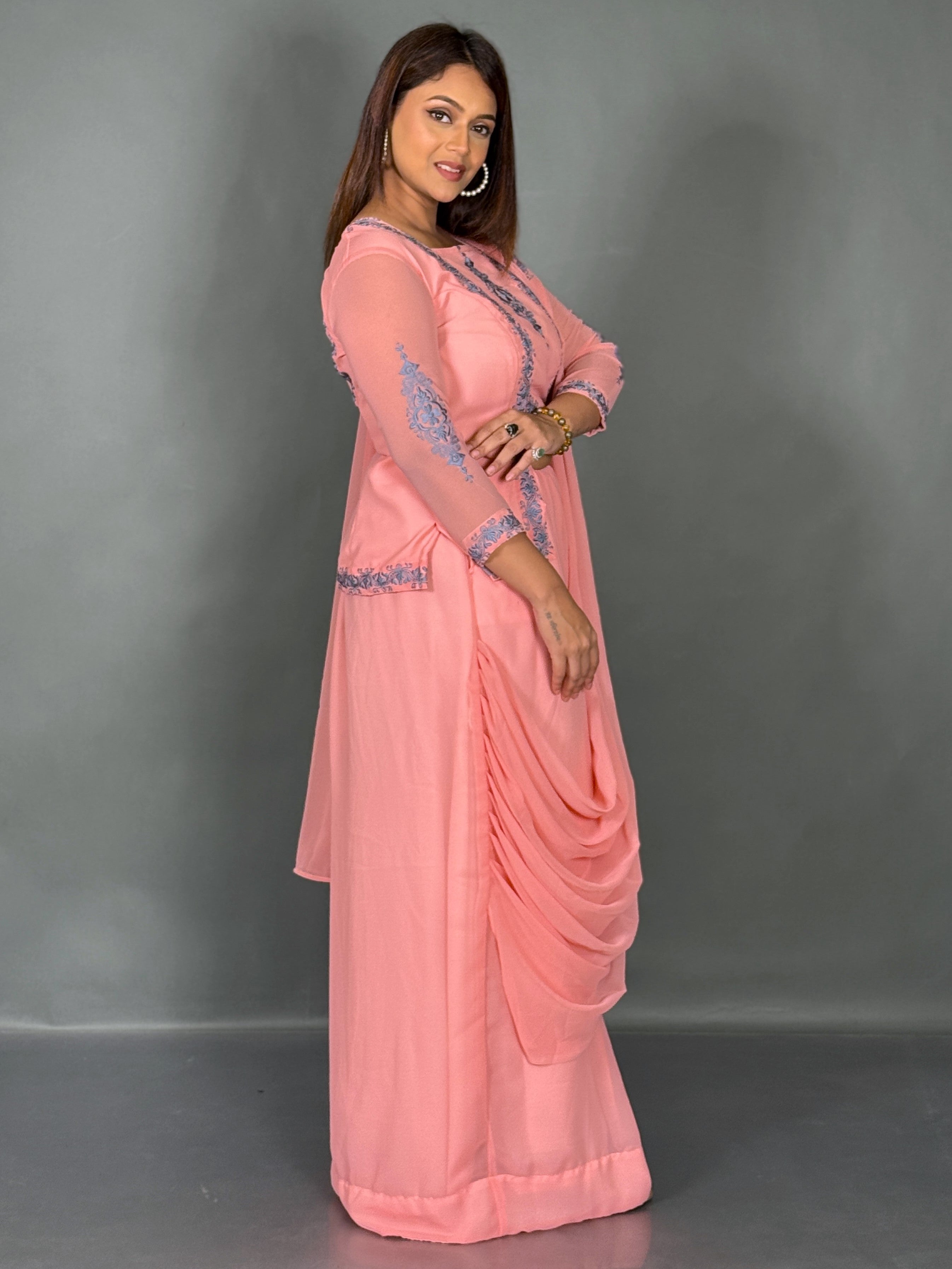 Blush Bloom Embroidered Fusion Saree Set