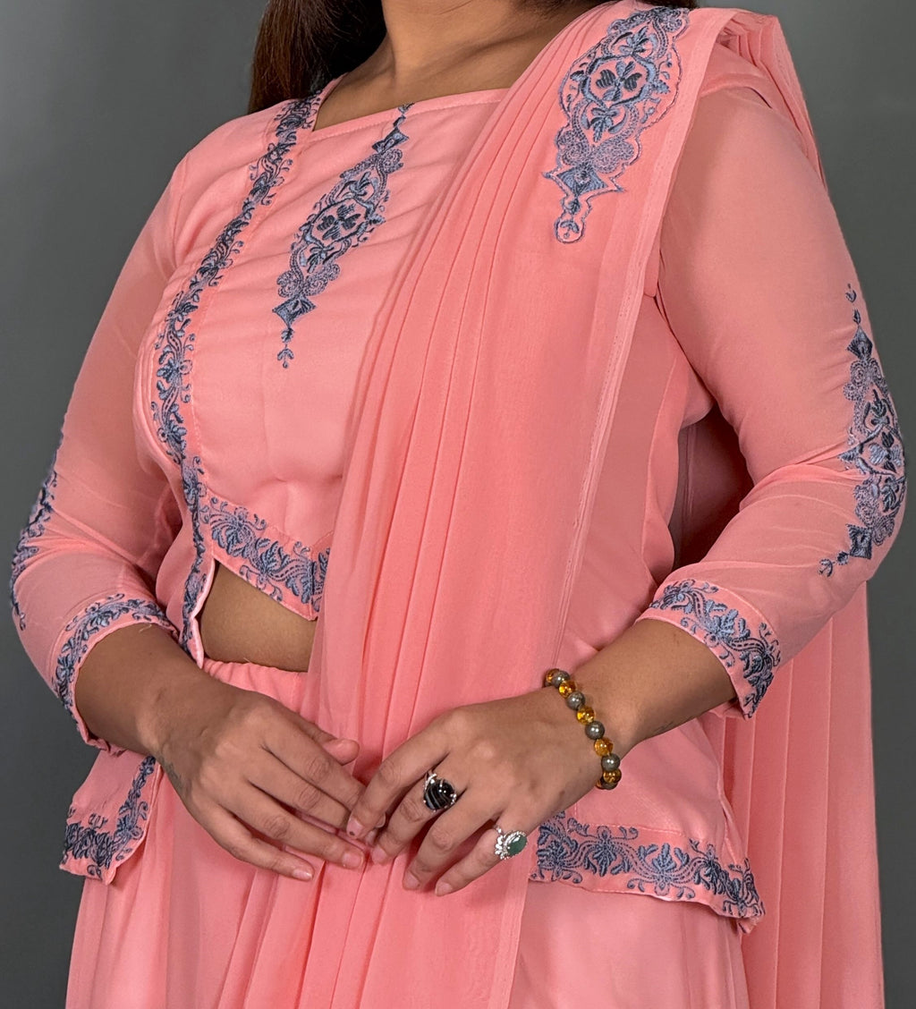 Blush Bloom Embroidered Fusion Saree Set