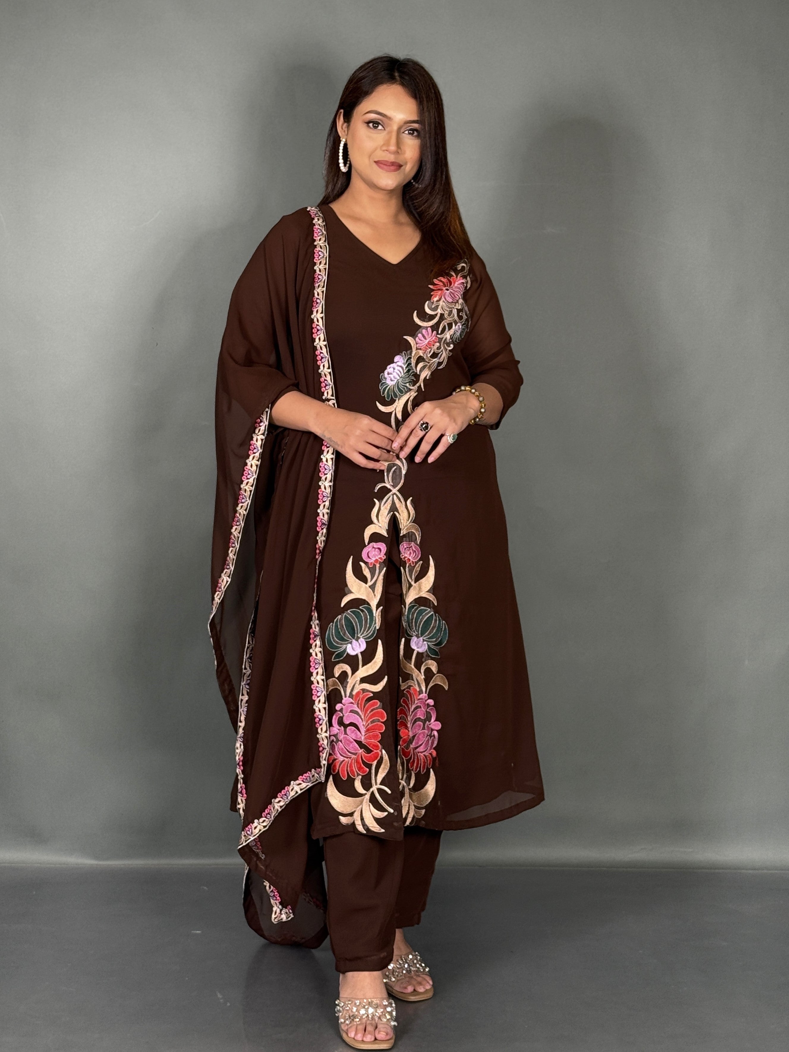 Elegant Chocolate Embroidered Georgette Co-Ord Set