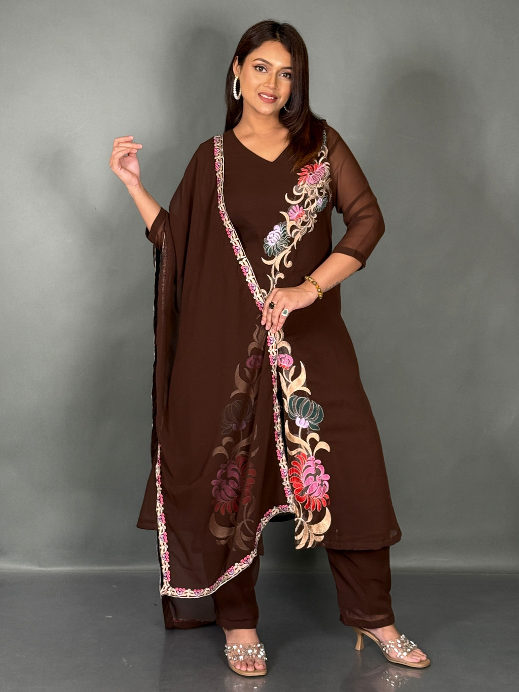 Elegant Chocolate Embroidered Georgette Co-Ord Set