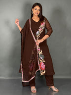 Elegant Chocolate Embroidered Georgette Co-Ord Set