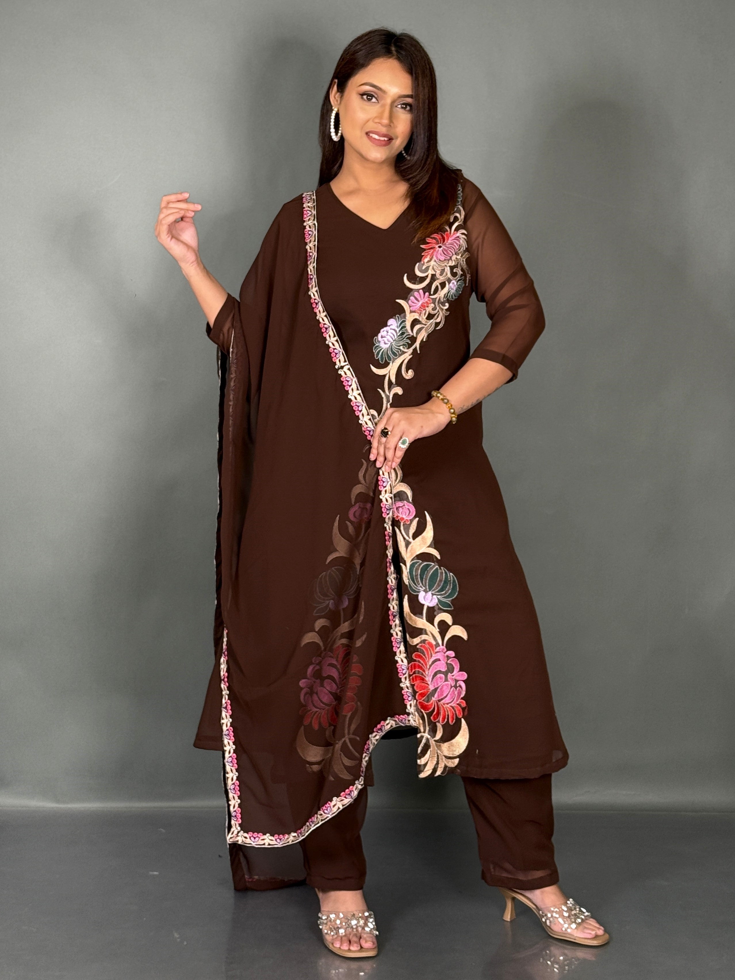 Elegant Chocolate Embroidered Georgette Co-Ord Set