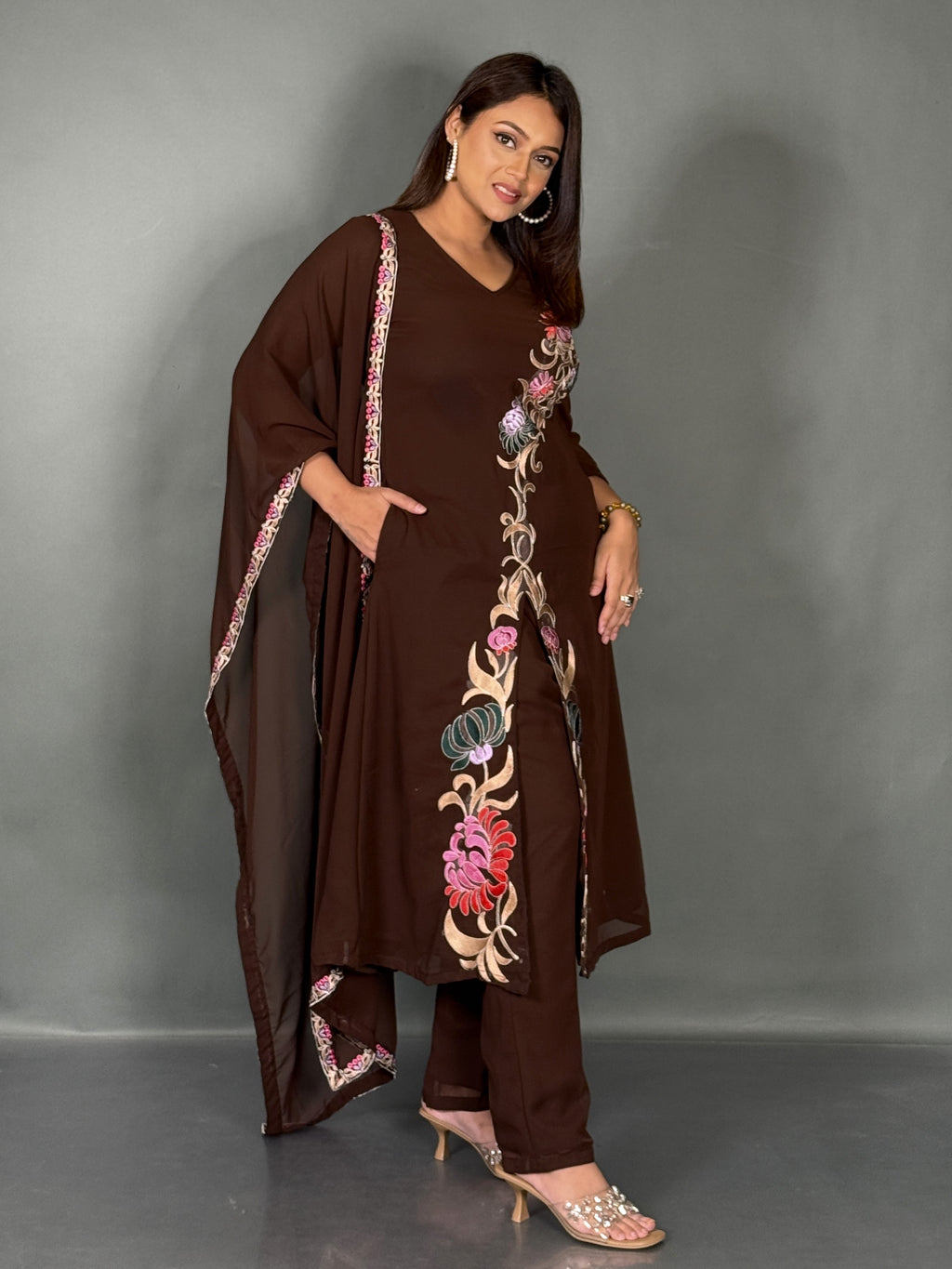 Elegant Chocolate Embroidered Georgette Co-Ord Set