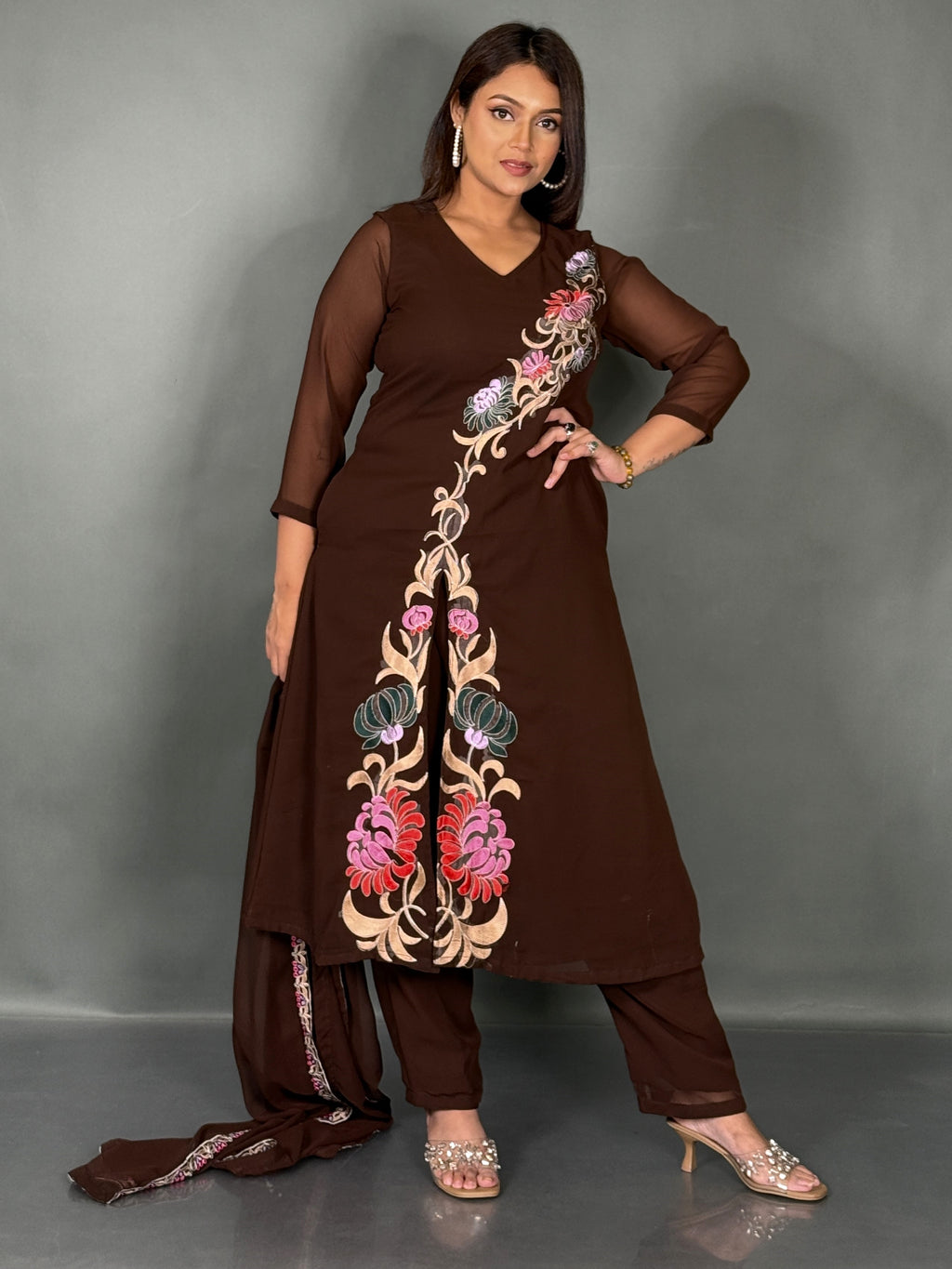 Elegant Chocolate Embroidered Georgette Co-Ord Set