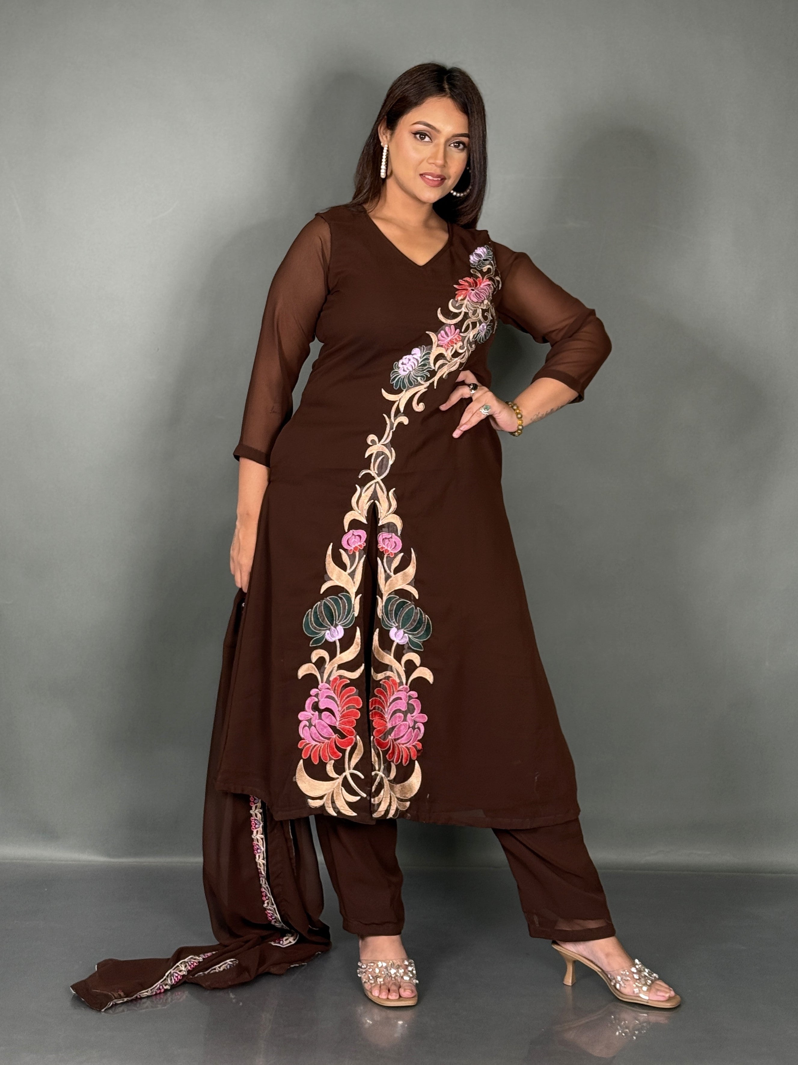 Elegant Chocolate Embroidered Georgette Co-Ord Set