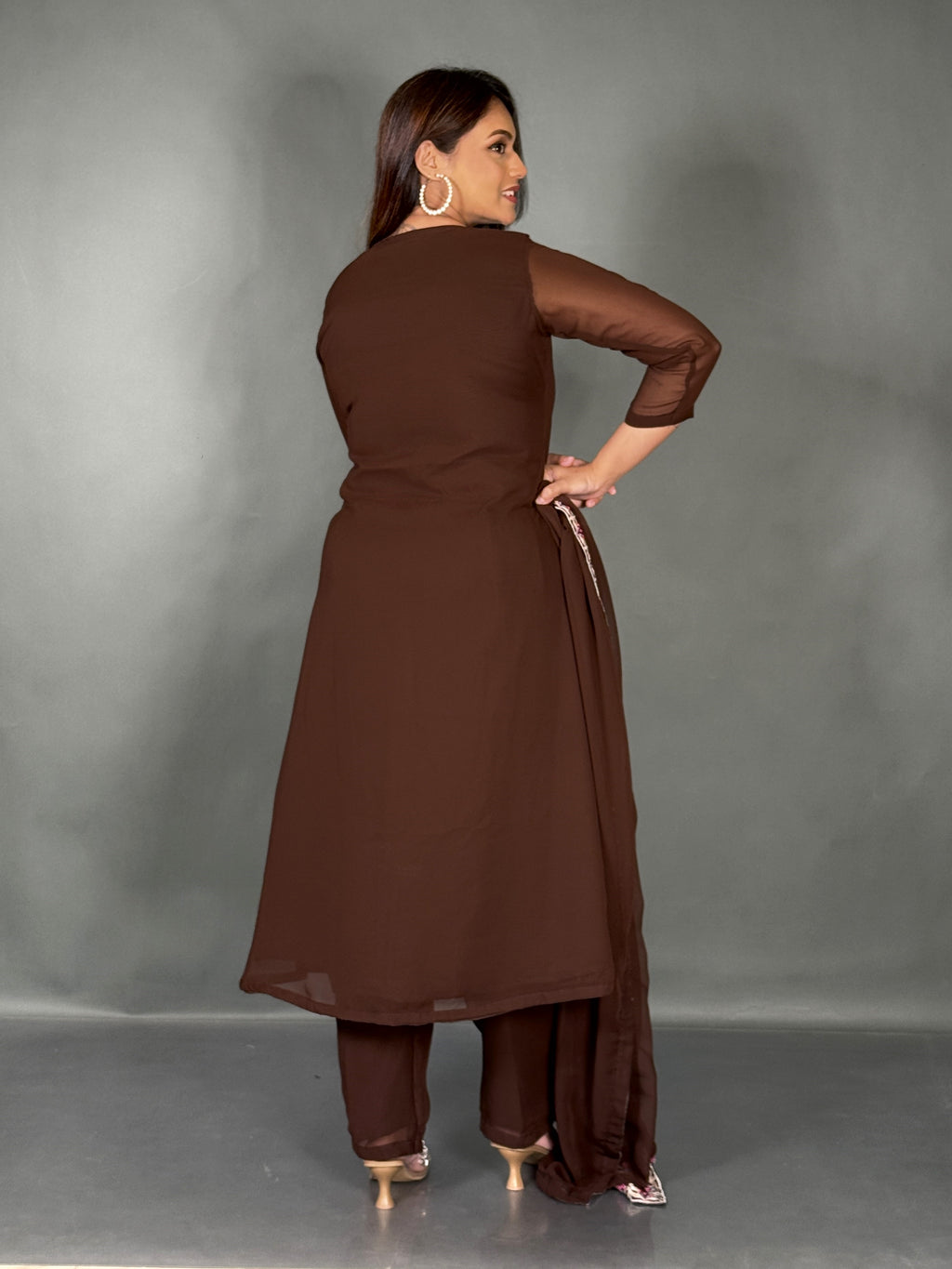 Elegant Chocolate Embroidered Georgette Co-Ord Set