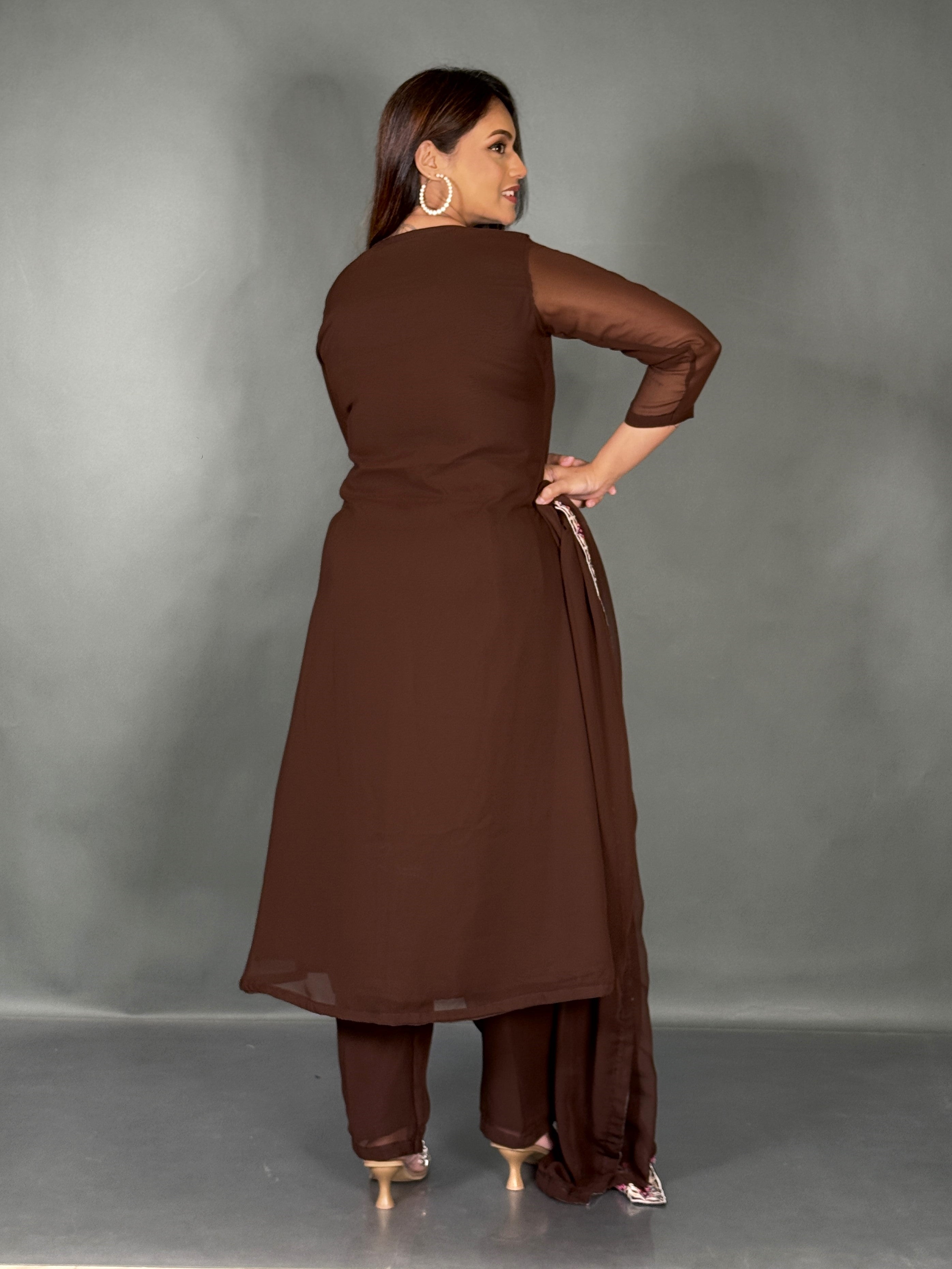 Elegant Chocolate Embroidered Georgette Co-Ord Set