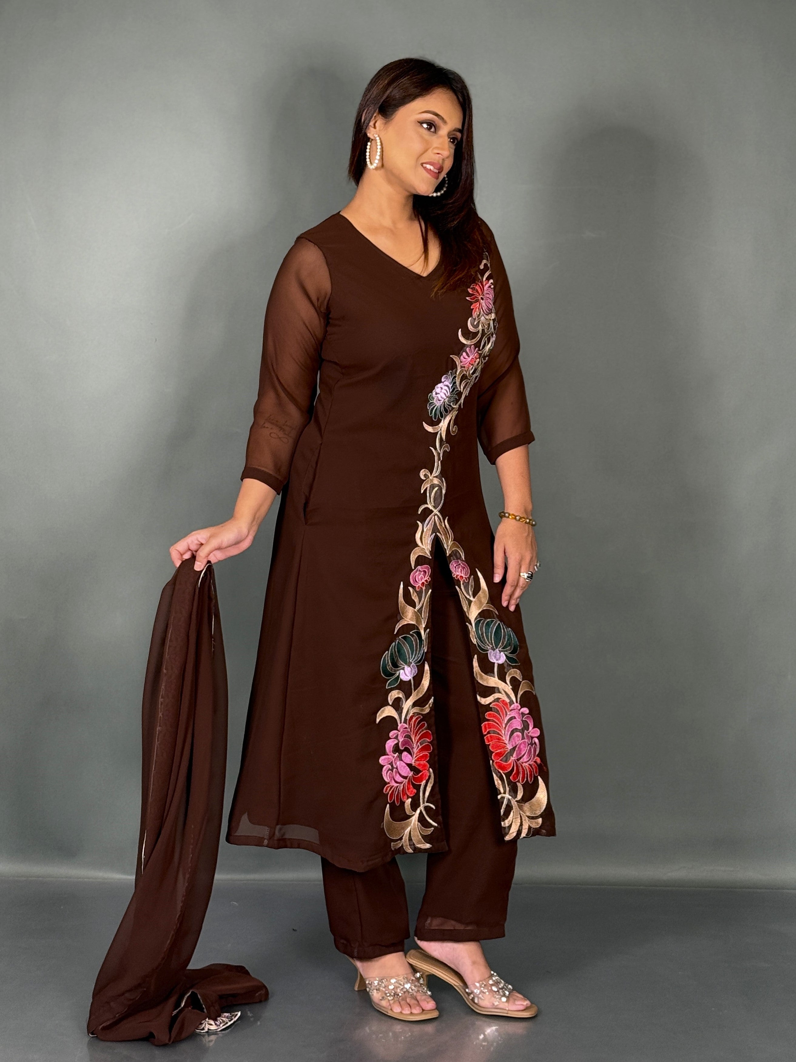 Elegant Chocolate Embroidered Georgette Co-Ord Set