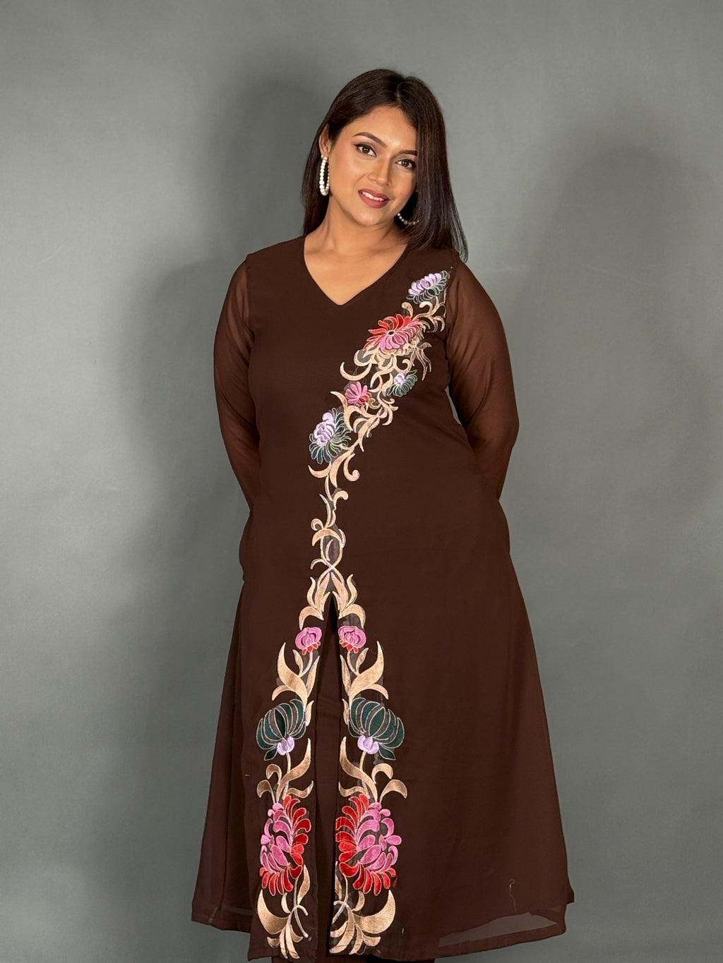 Elegant Chocolate Embroidered Georgette Co-Ord Set