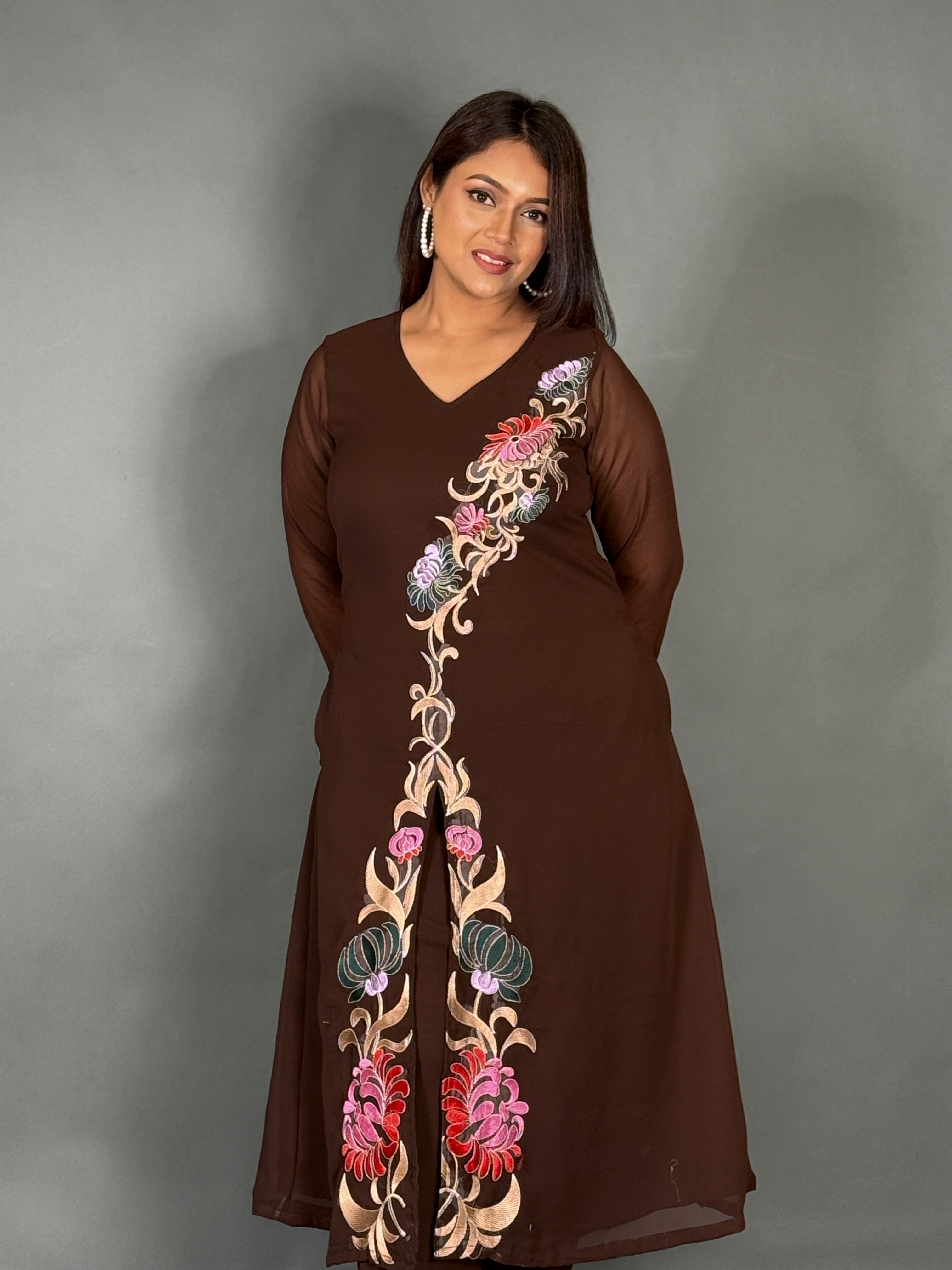 Elegant Chocolate Embroidered Georgette Co-Ord Set