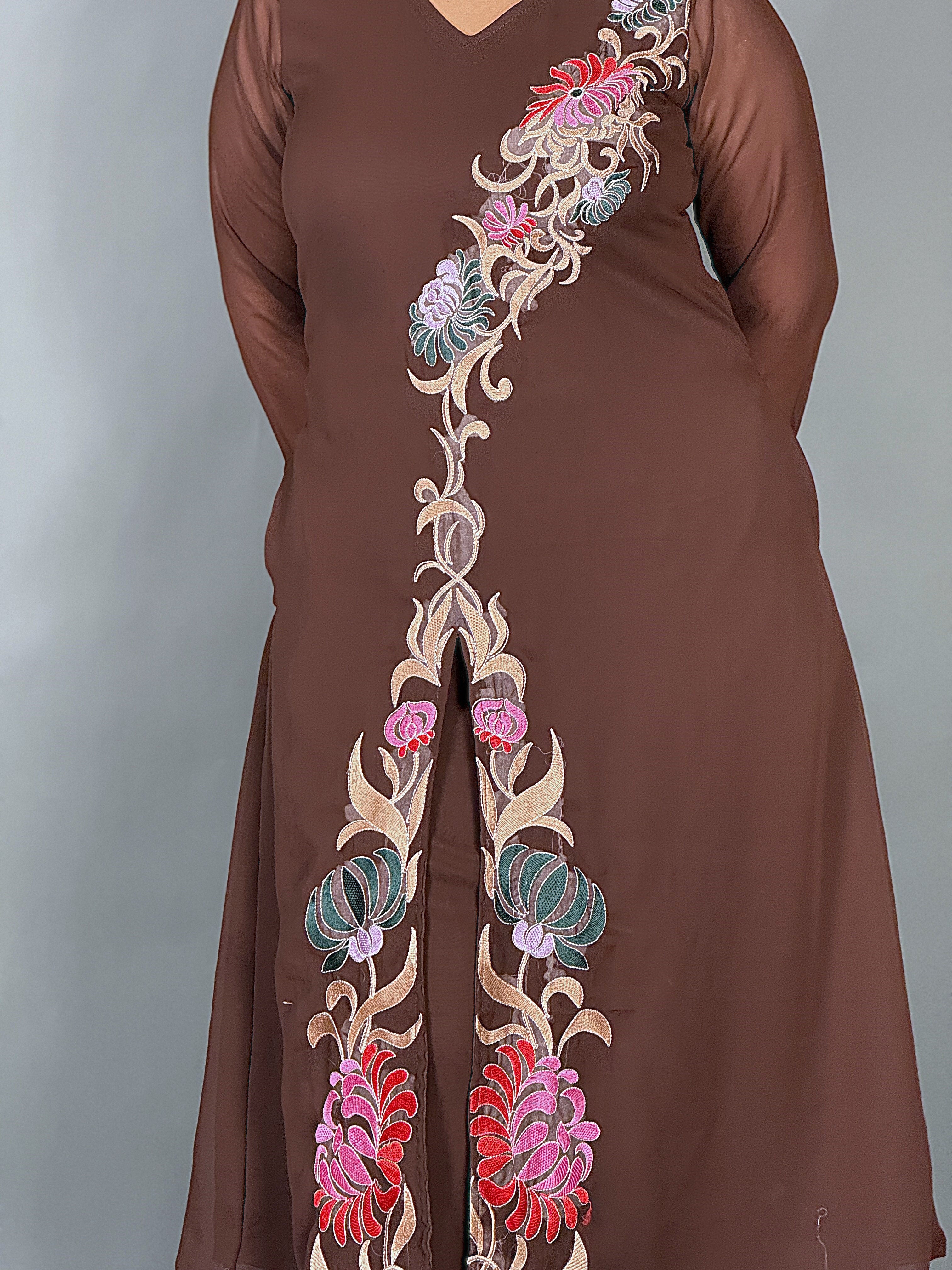 Elegant Chocolate Embroidered Georgette Co-Ord Set