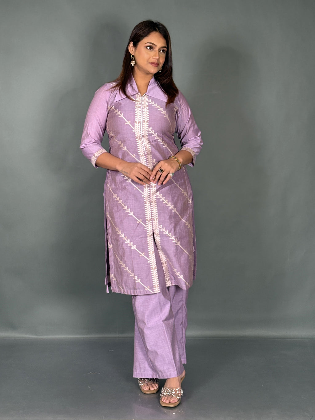 Lavender Muga Tussar Plus Size Slim Fit Co-Ord Set
