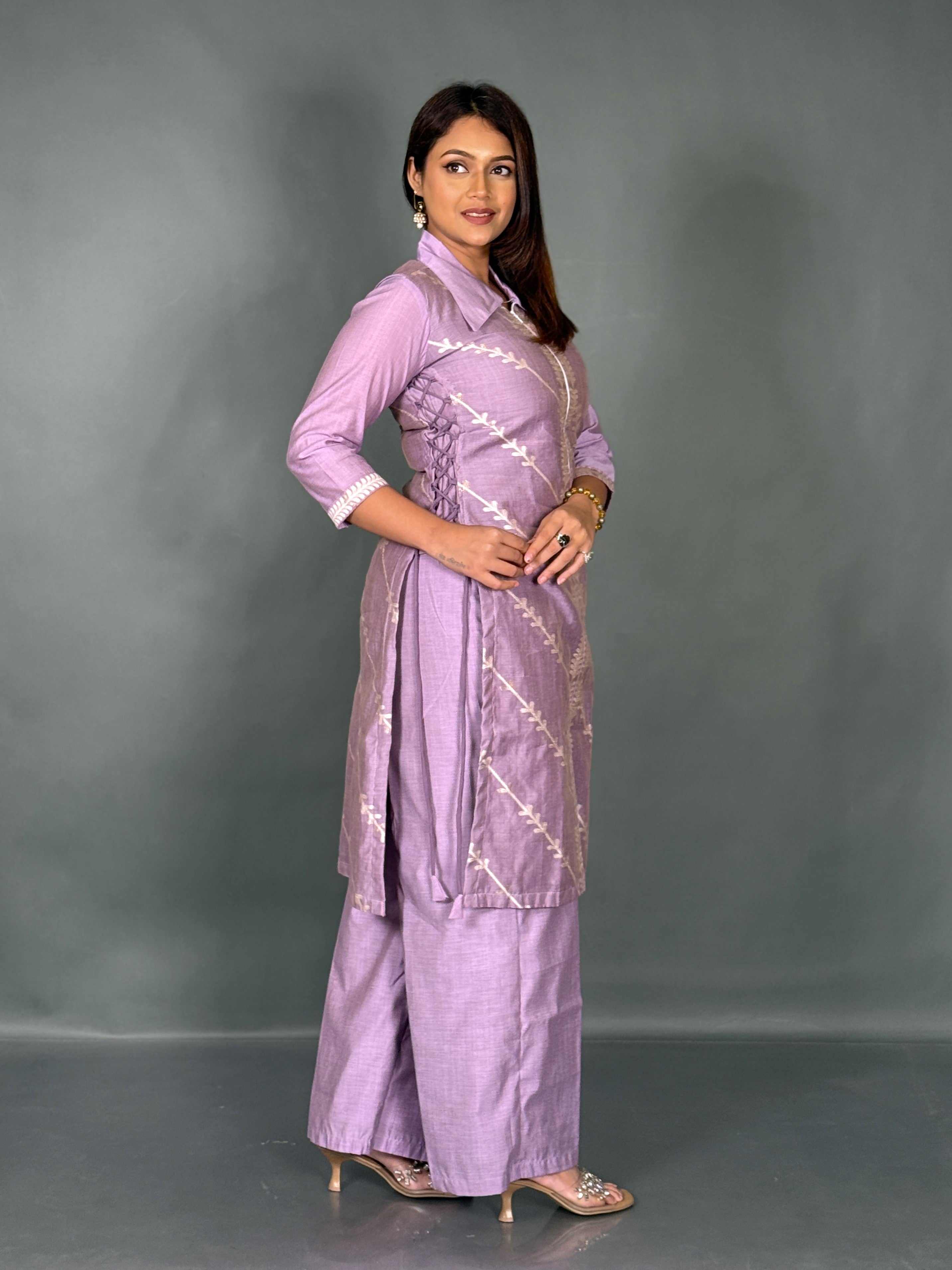 Lavender Muga Tussar Plus Size Slim Fit Co-Ord Set
