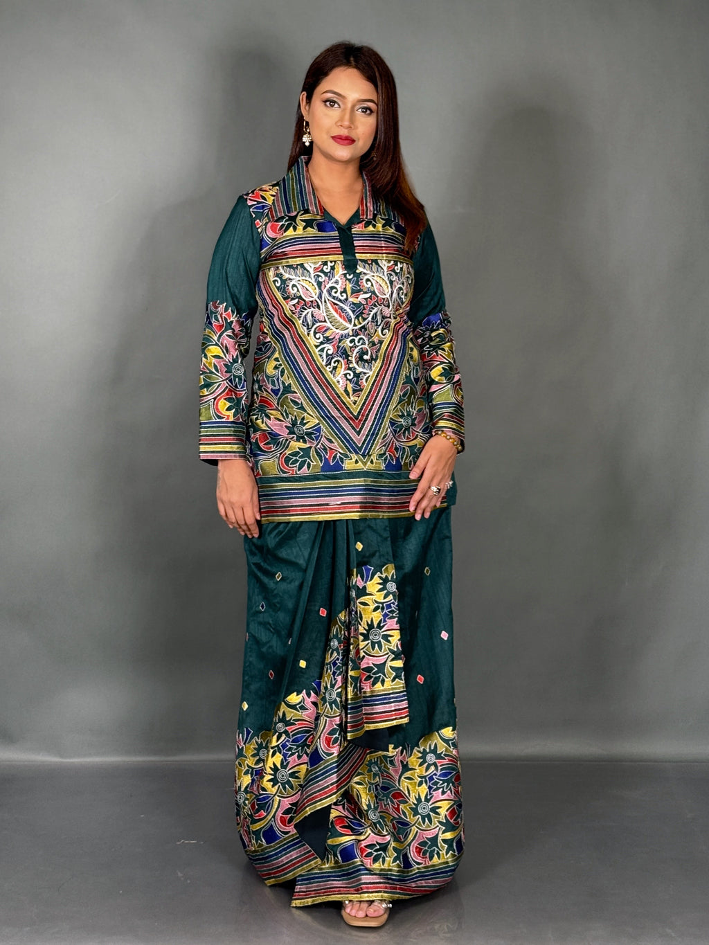 Bottle Green Kantha Elegance Premium Tussar Dhoti Fusion  Set