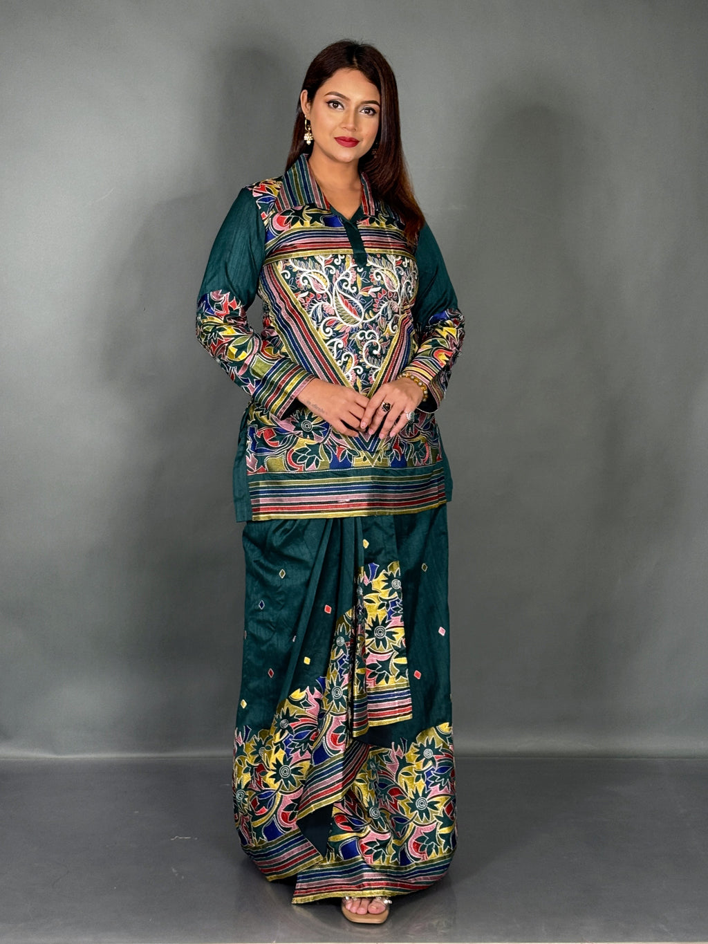 Bottle Green Kantha Elegance Premium Tussar Dhoti Fusion  Set