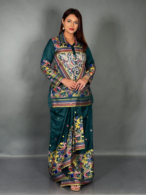 Bottle Green Kantha Elegance Premium Tussar Dhoti Fusion  Set
