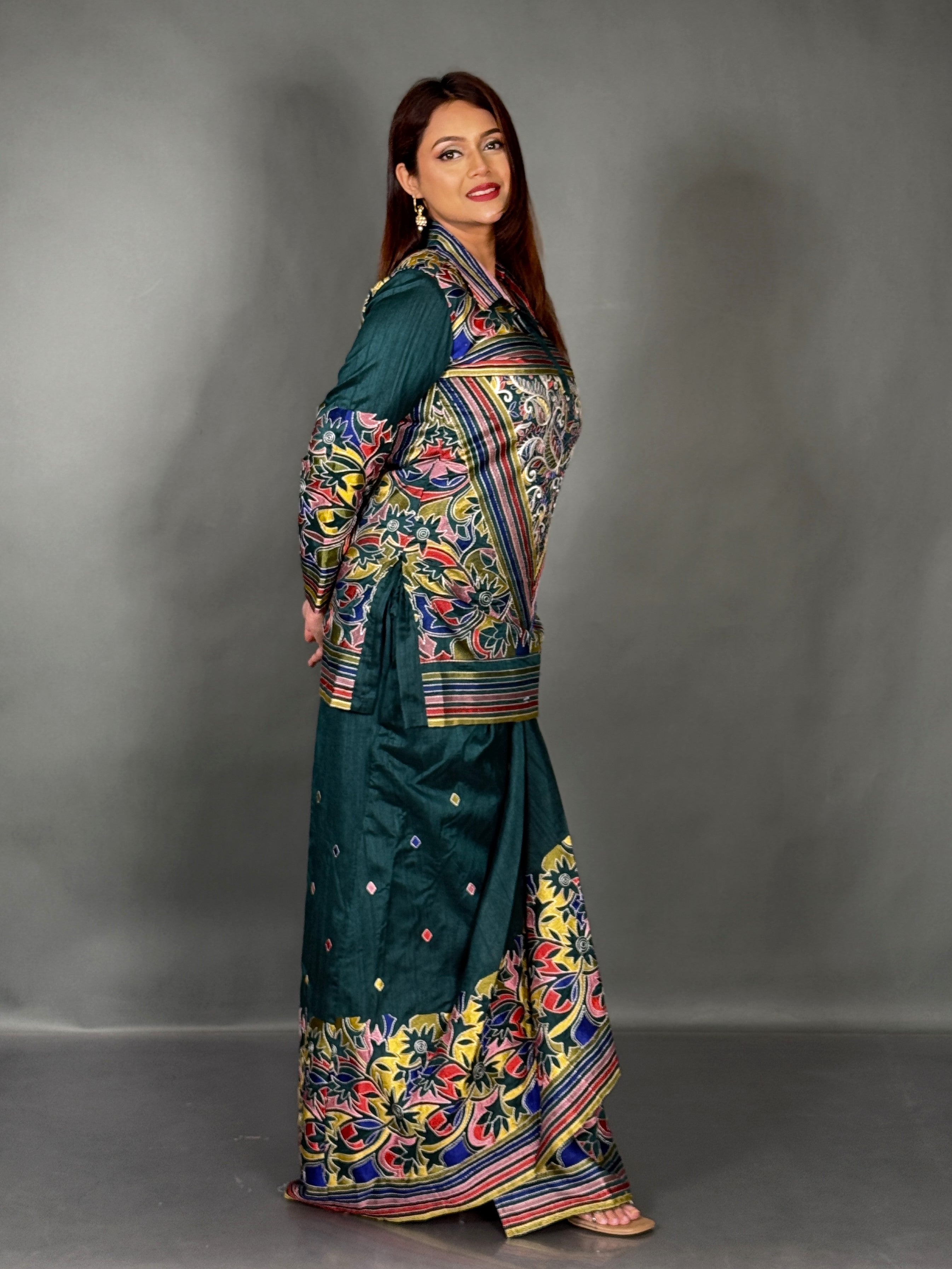 Bottle Green Kantha Elegance Premium Tussar Dhoti Fusion  Set