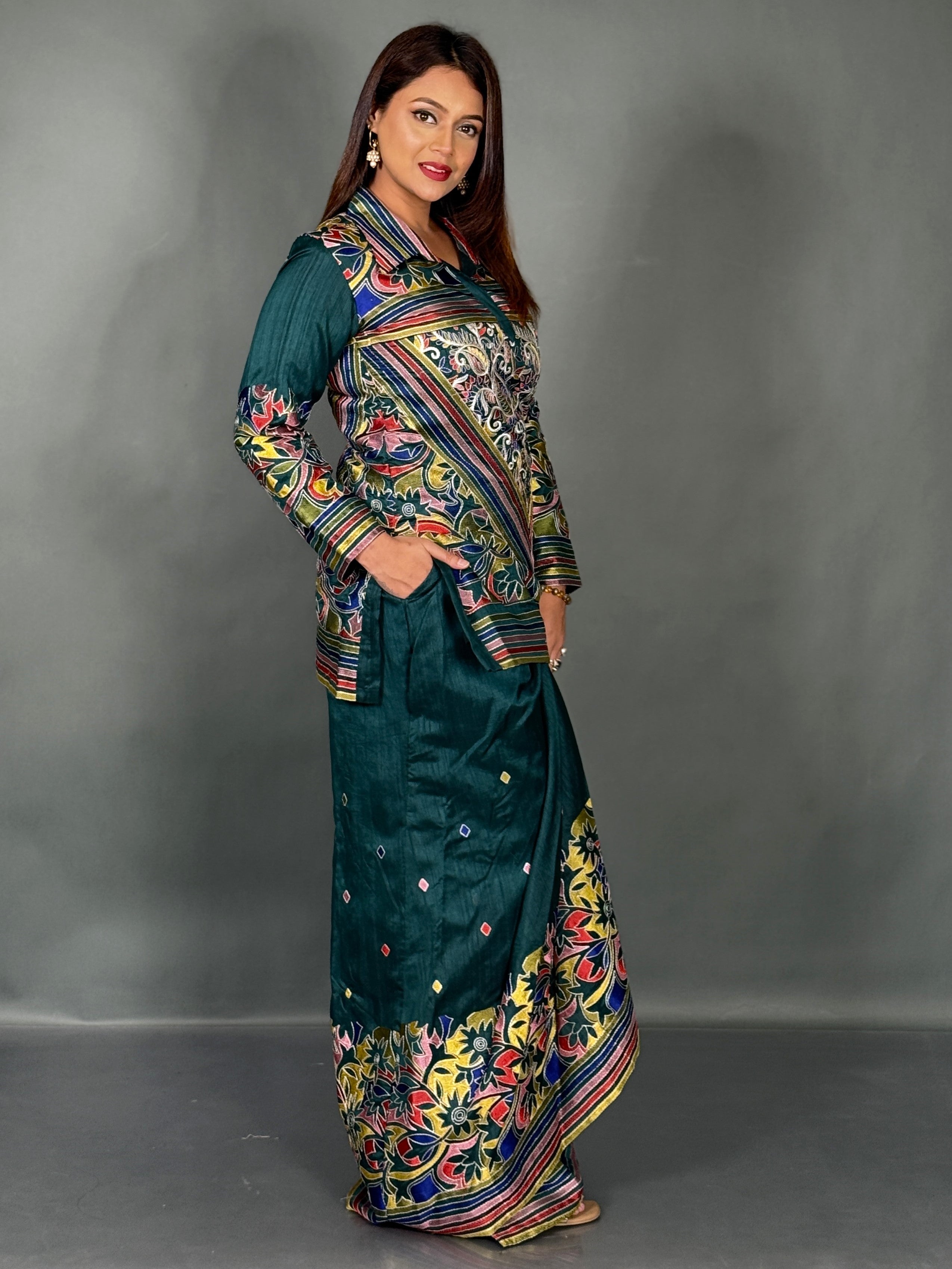 Bottle Green Kantha Elegance Premium Tussar Dhoti Fusion  Set