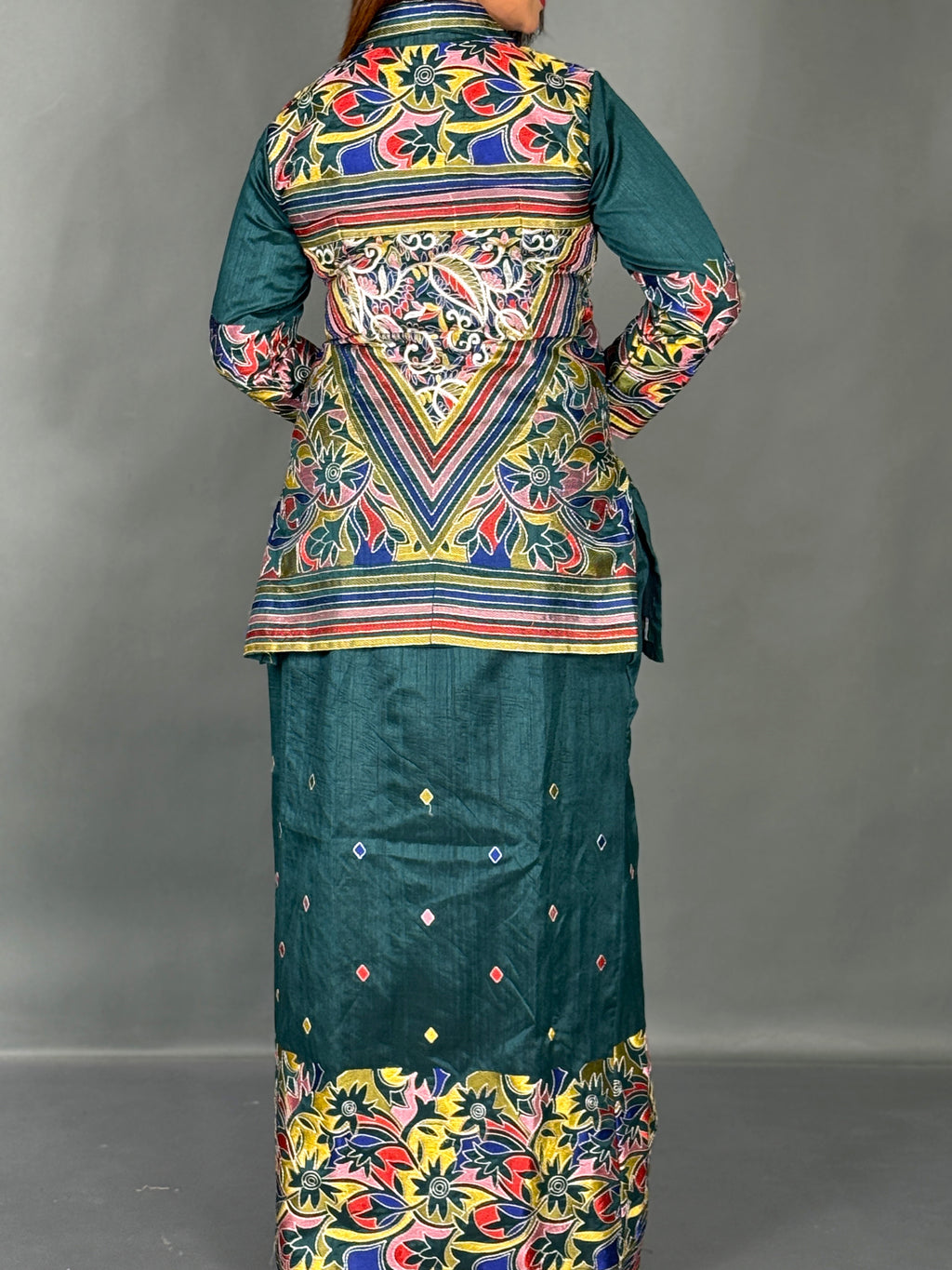 Bottle Green Kantha Elegance Premium Tussar Dhoti Fusion  Set