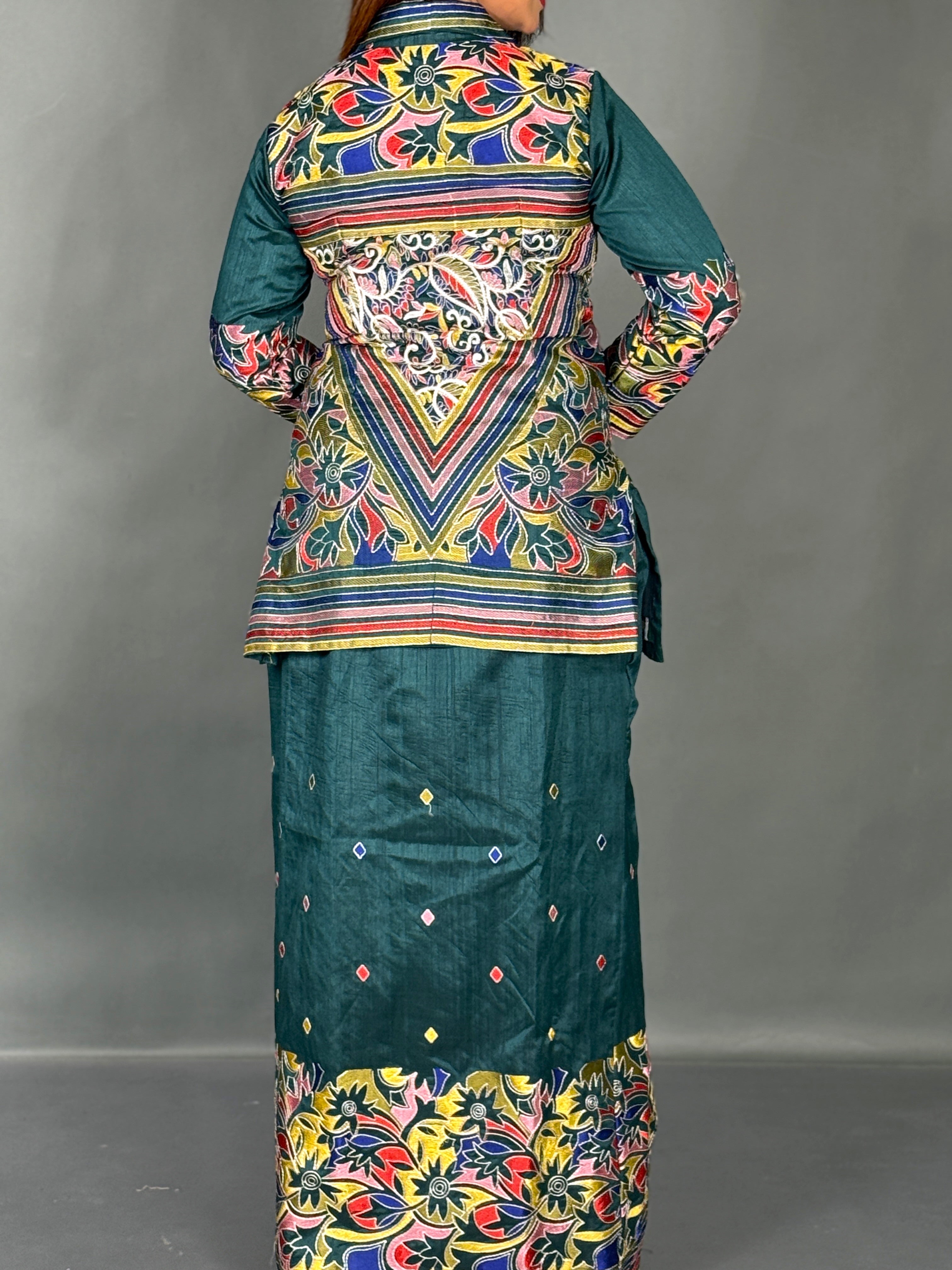 Bottle Green Kantha Elegance Premium Tussar Dhoti Fusion  Set