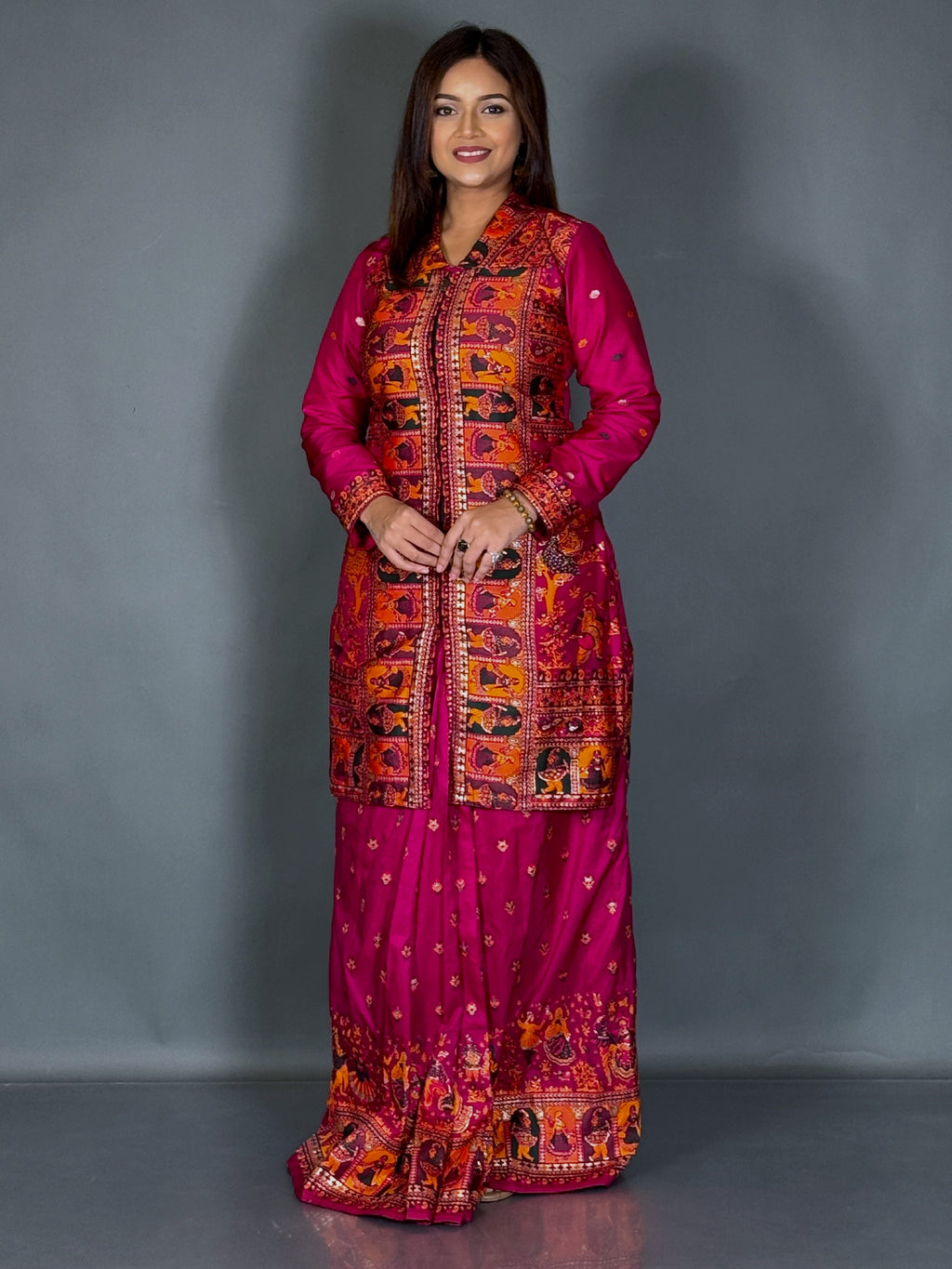 Wine Baluchori Fusion Jacket Skirt Set