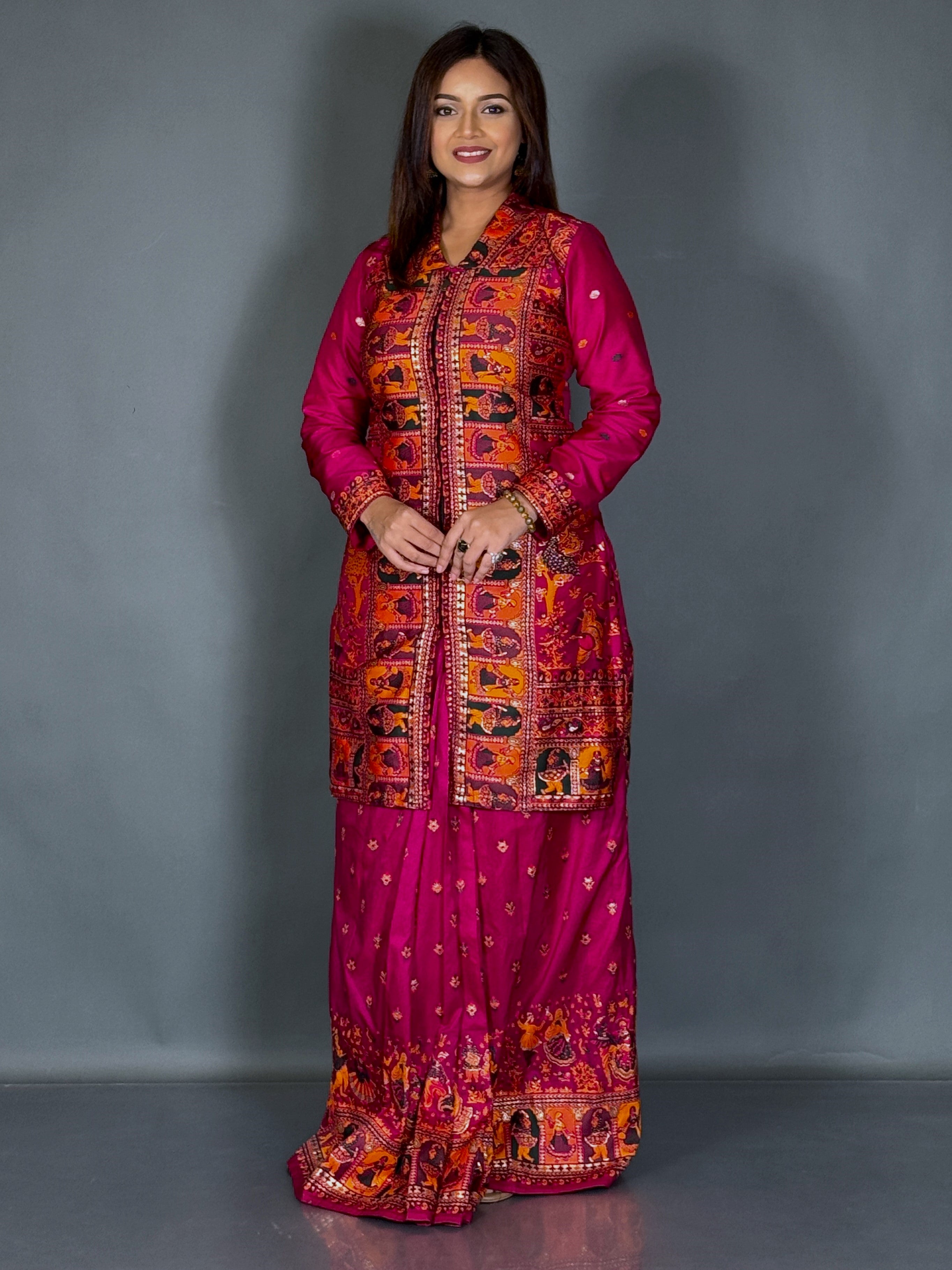 Wine Baluchori Fusion Jacket Skirt Set