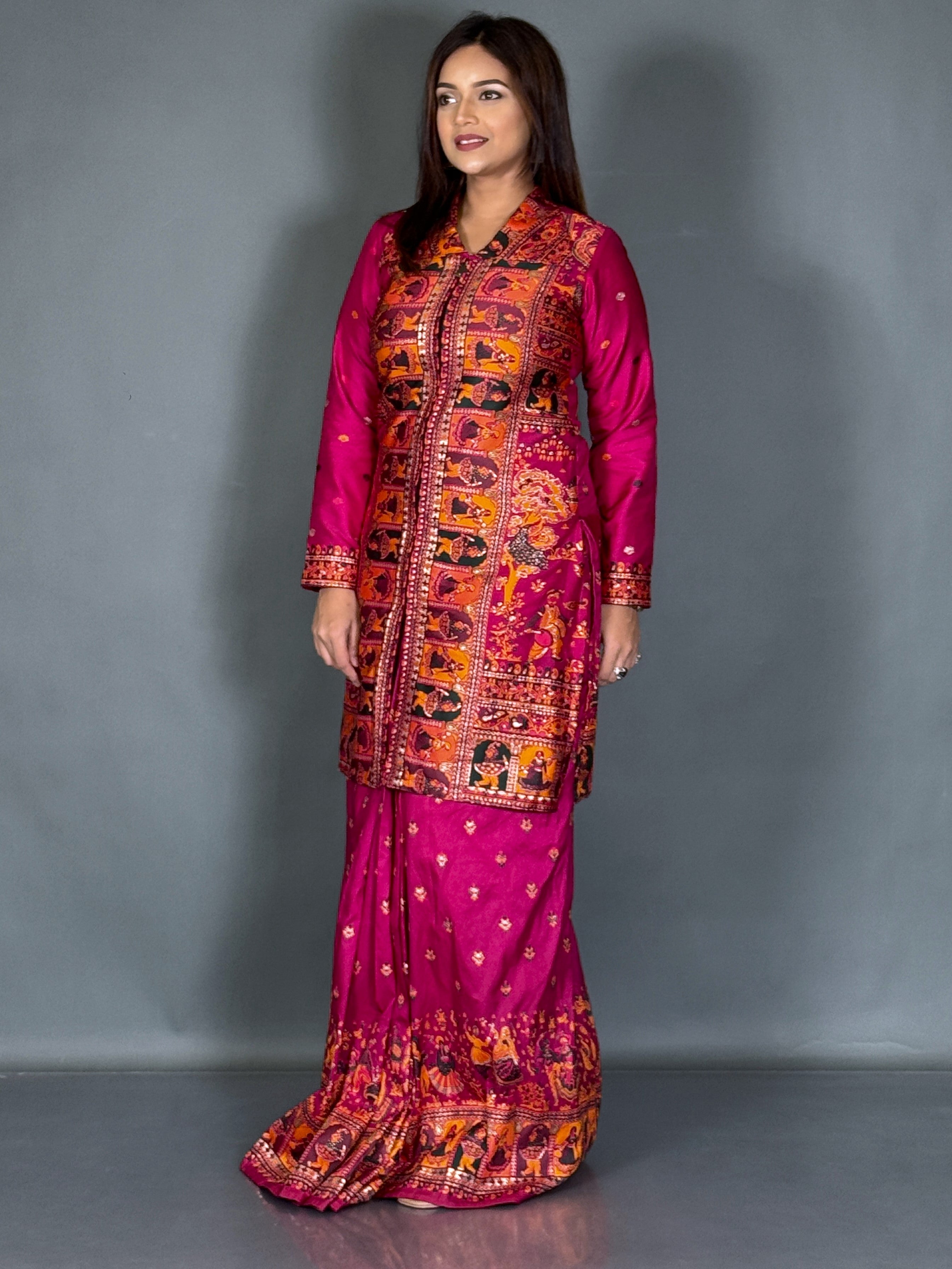 Wine Baluchori Fusion Jacket Skirt Set