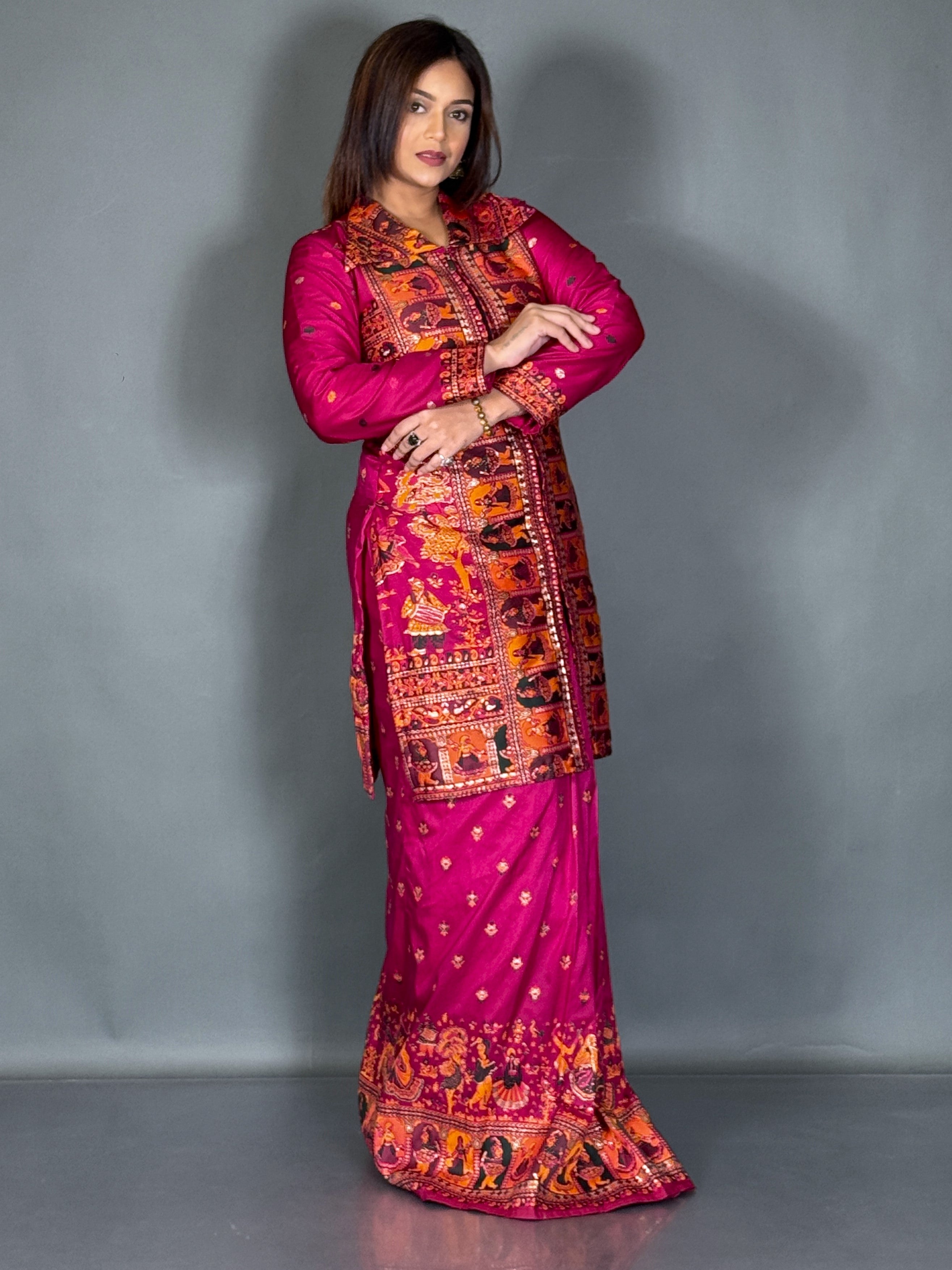 Wine Baluchori Fusion Jacket Skirt Set
