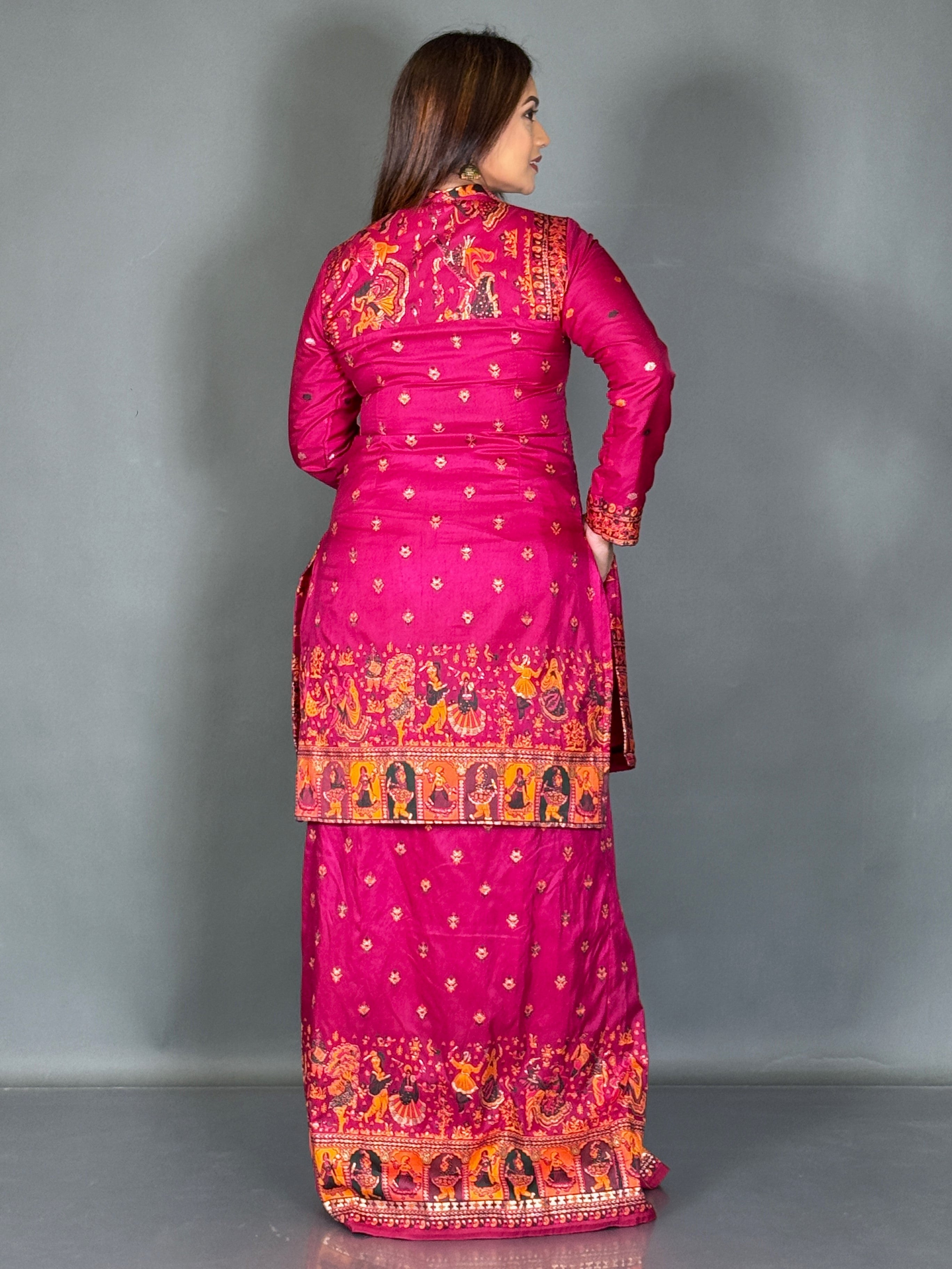 Wine Baluchori Fusion Jacket Skirt Set