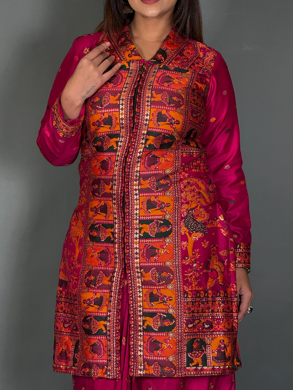 Wine Baluchori Fusion Jacket Skirt Set