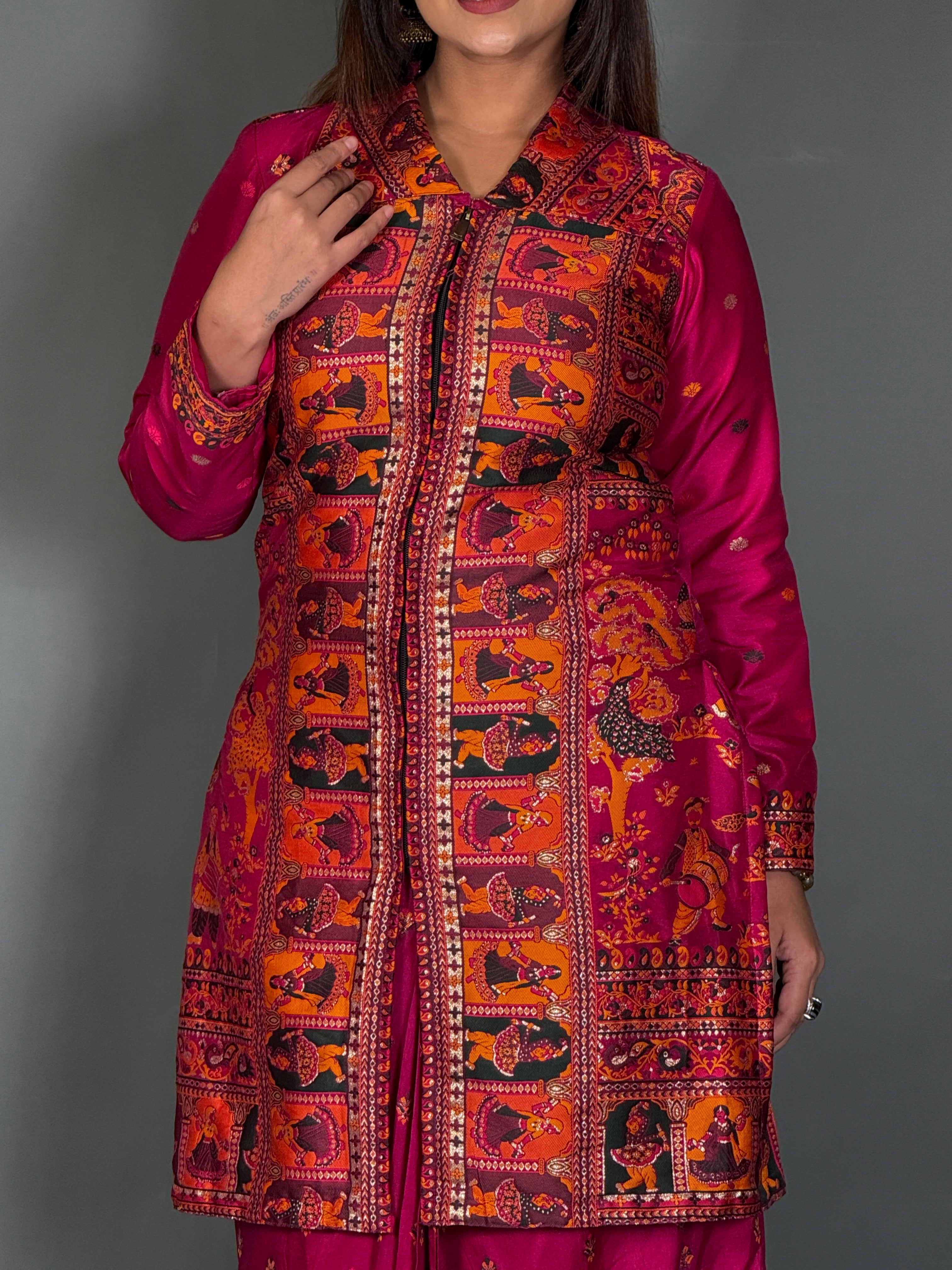 Wine Baluchori Fusion Jacket Skirt Set