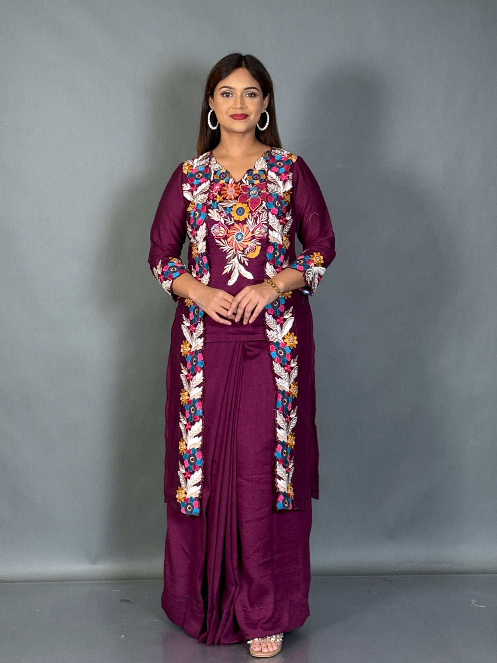 Velvet Wine Embroidered Fusion Set