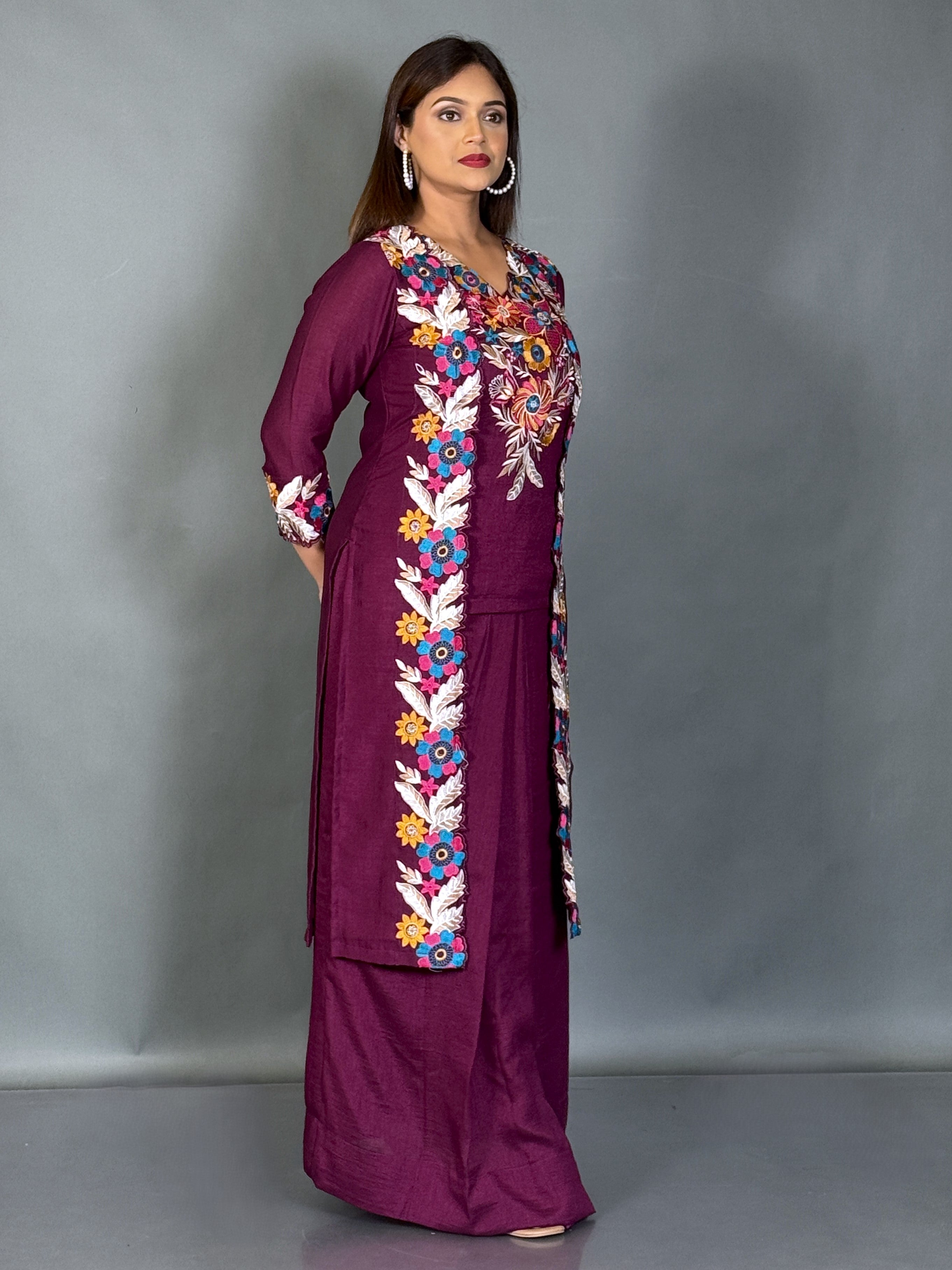 Velvet Wine Embroidered Fusion Set