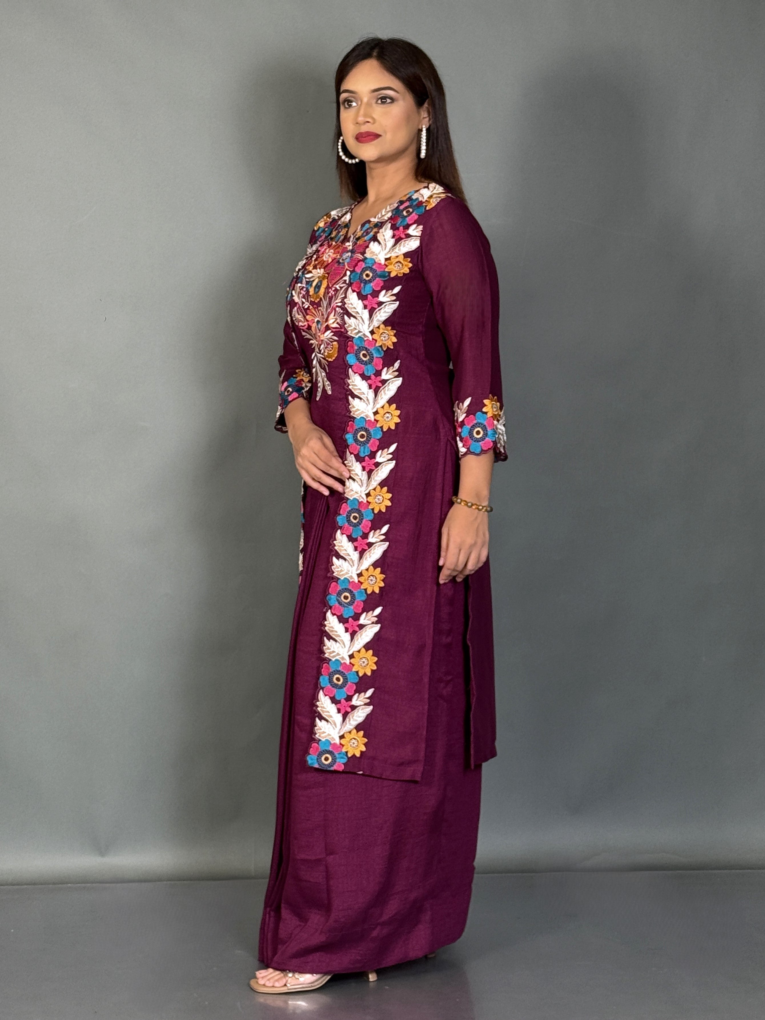 Velvet Wine Embroidered Fusion Set