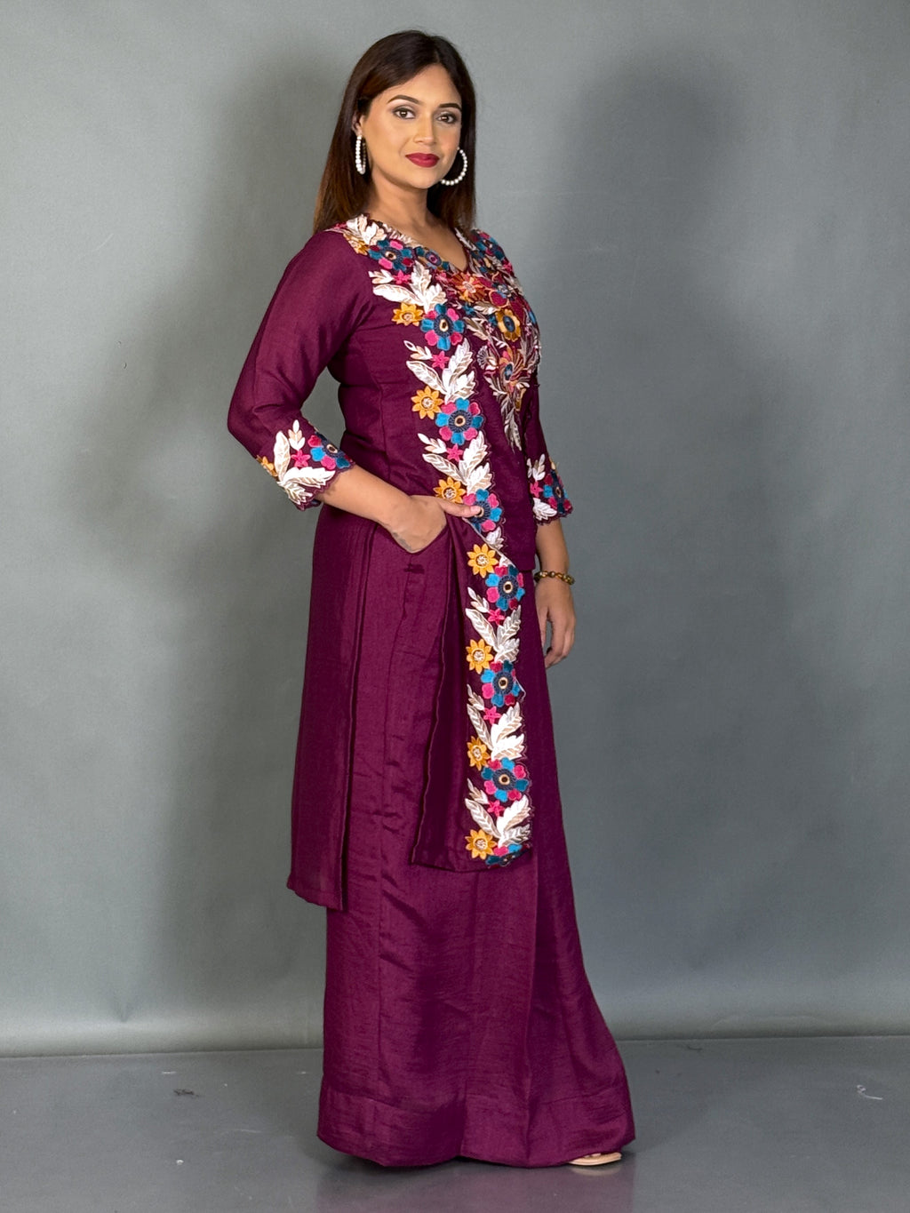 Velvet Wine Embroidered Fusion Set