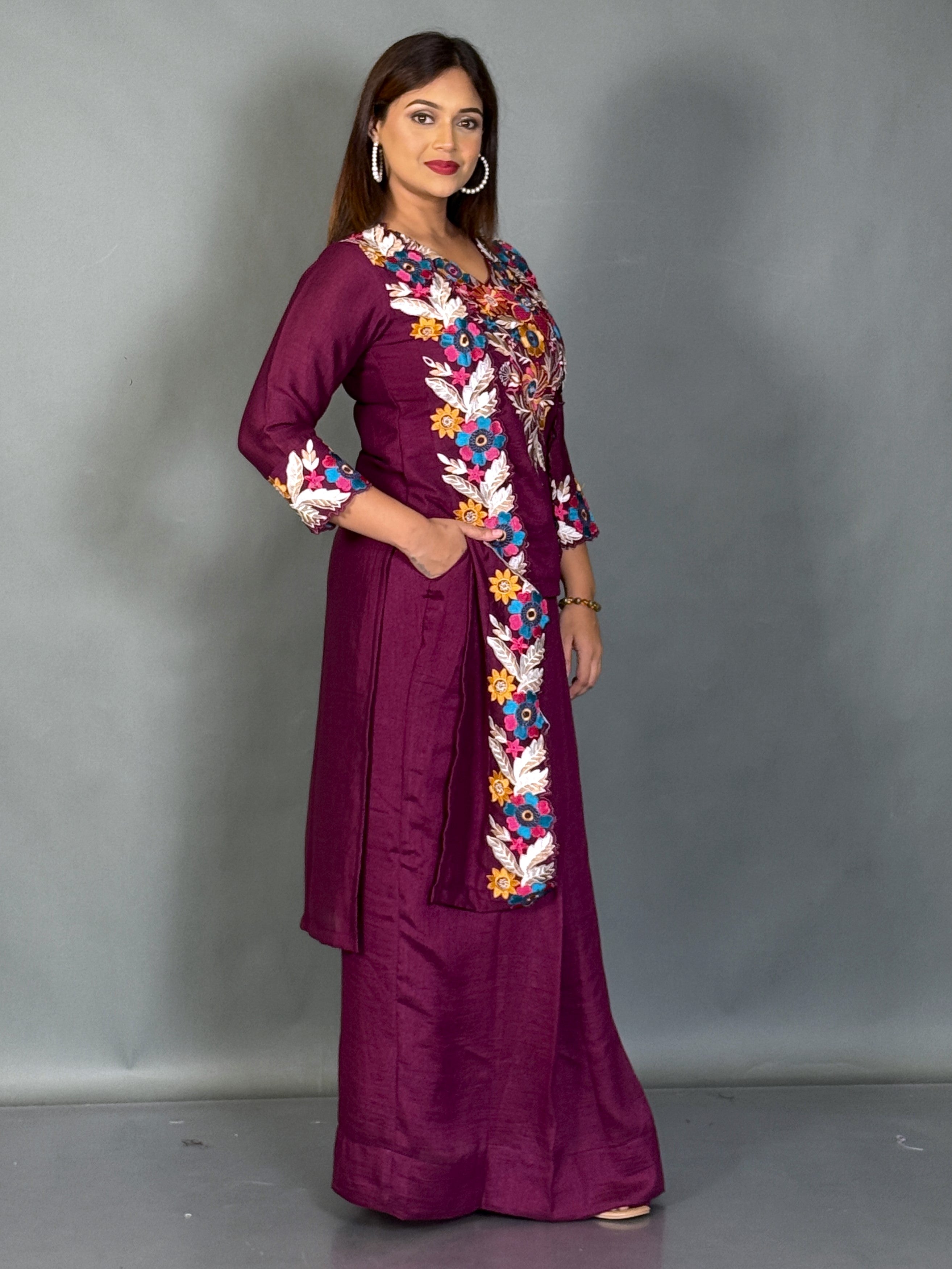 Velvet Wine Embroidered Fusion Set