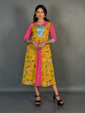 Elegant Yellow Pink Cotton Printed Slim Fit Collar Kurti