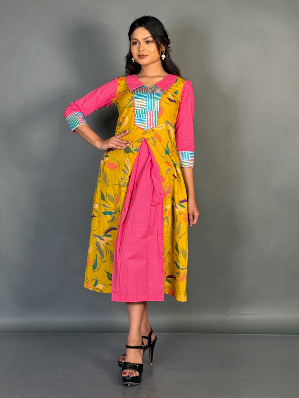 Elegant Yellow Pink Cotton Printed Slim Fit Collar Kurti