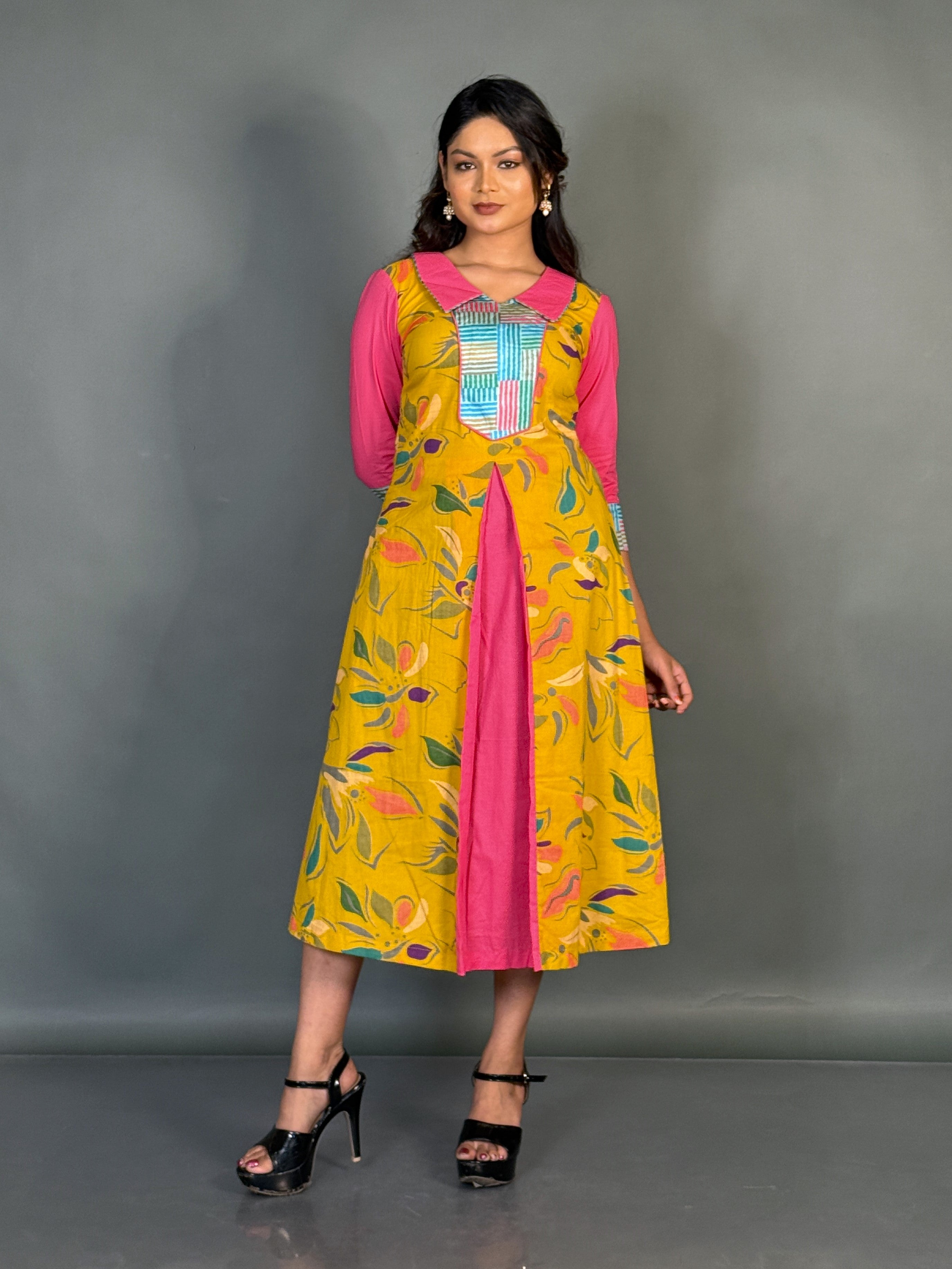 Elegant Yellow Pink Cotton Printed Slim Fit Collar Kurti
