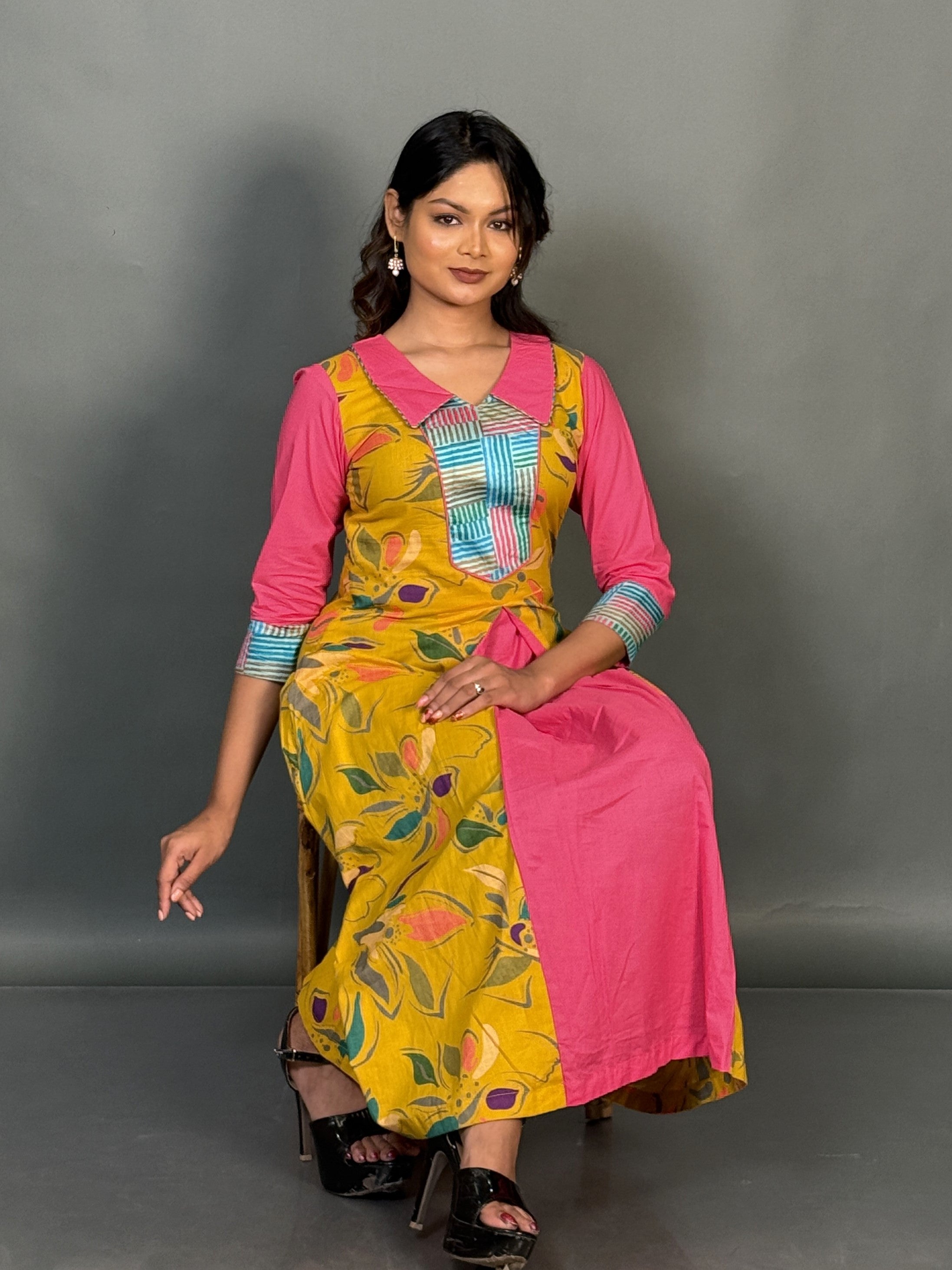 Elegant Yellow Pink Cotton Printed Slim Fit Collar Kurti