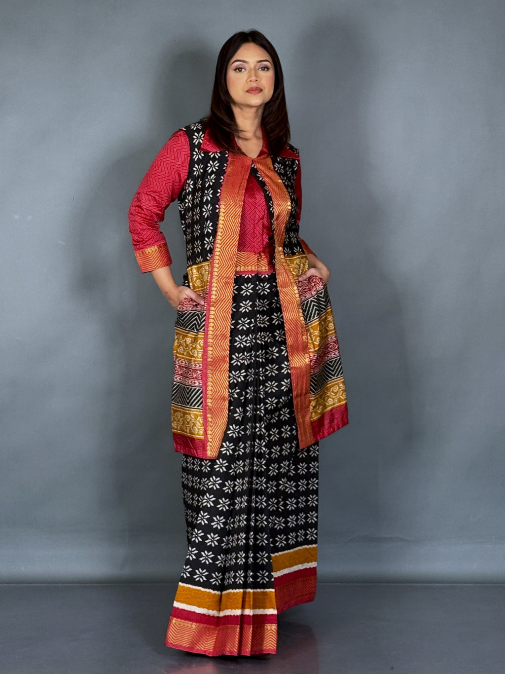 Scarlet Red Patola Ready-to-Wear Saree with Zari Jacket