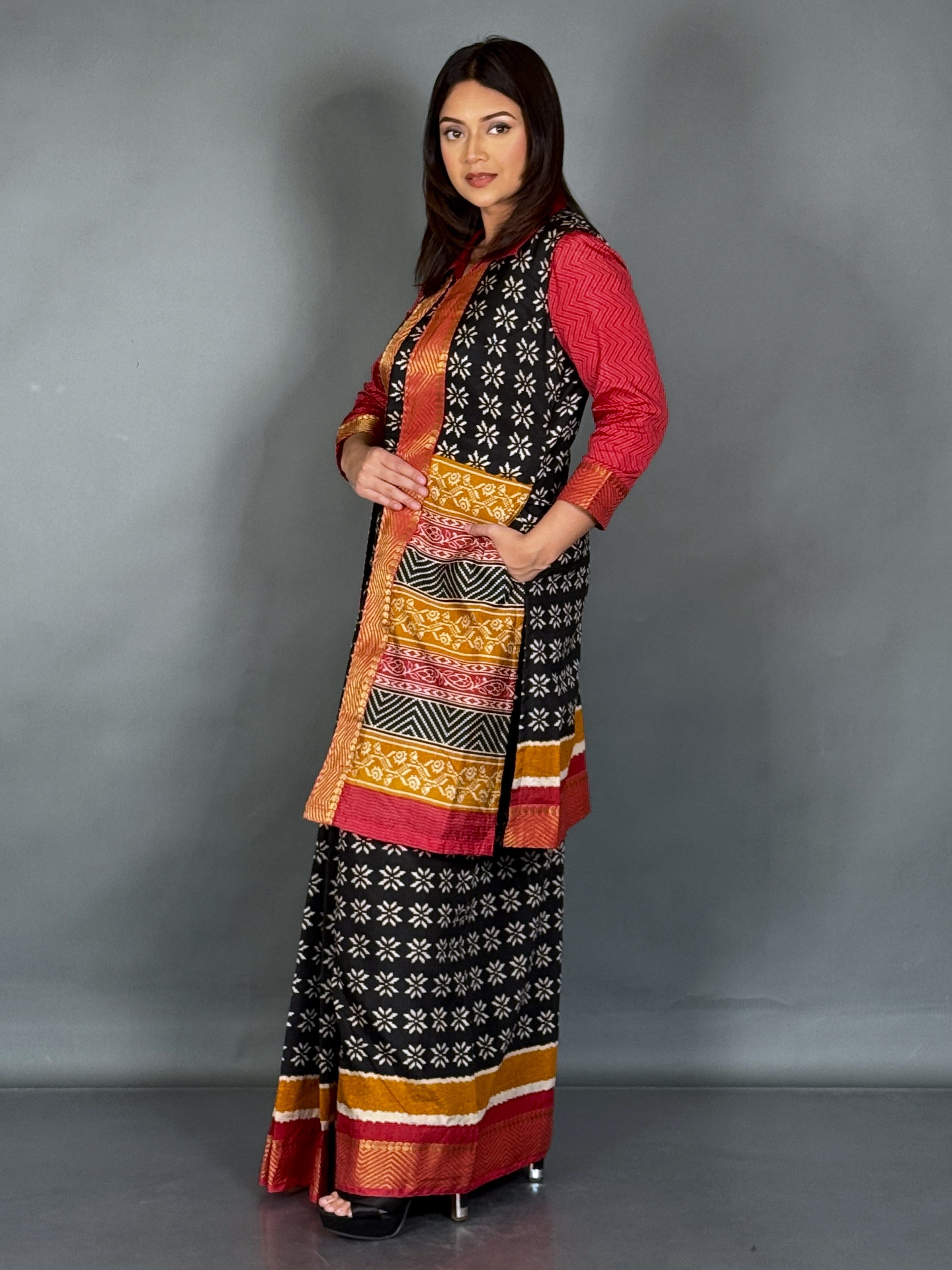 Scarlet Red Patola Ready-to-Wear Saree with Zari Jacket