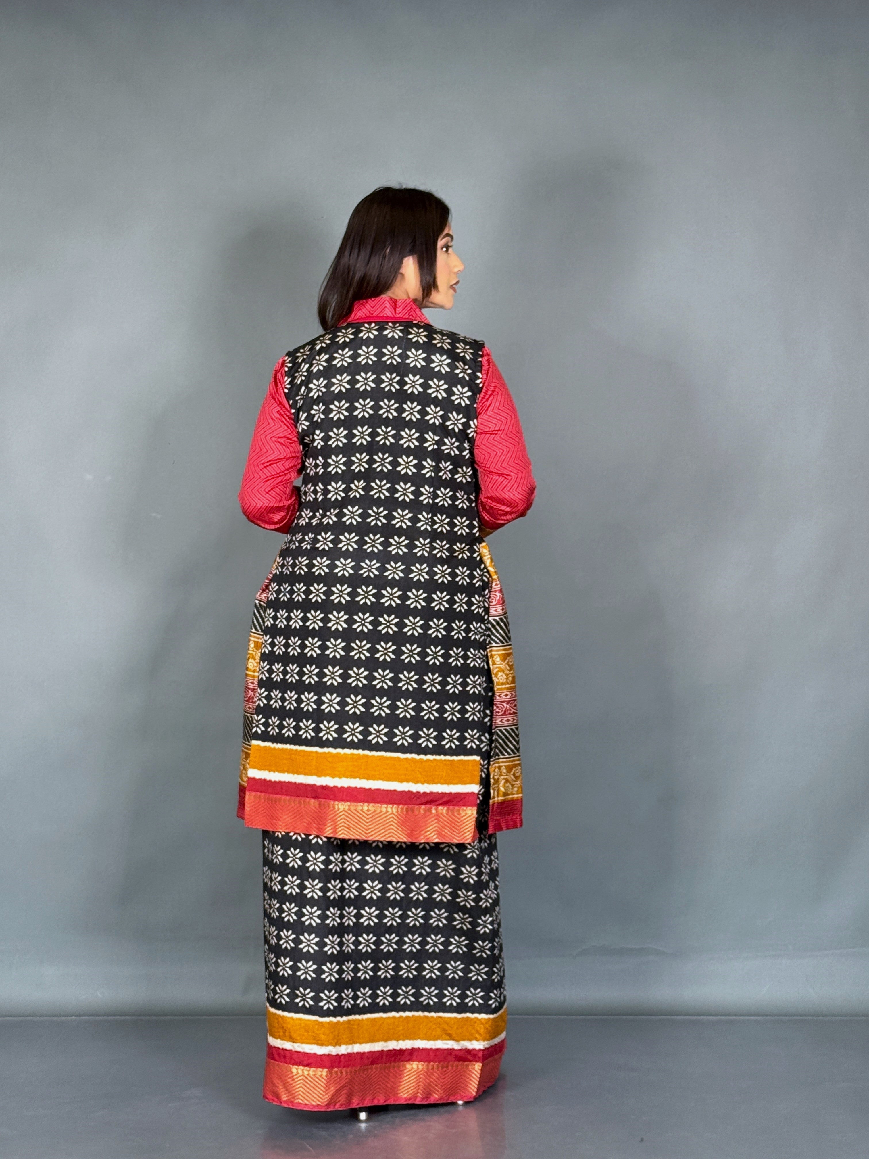 Scarlet Red Patola Ready-to-Wear Saree with Zari Jacket