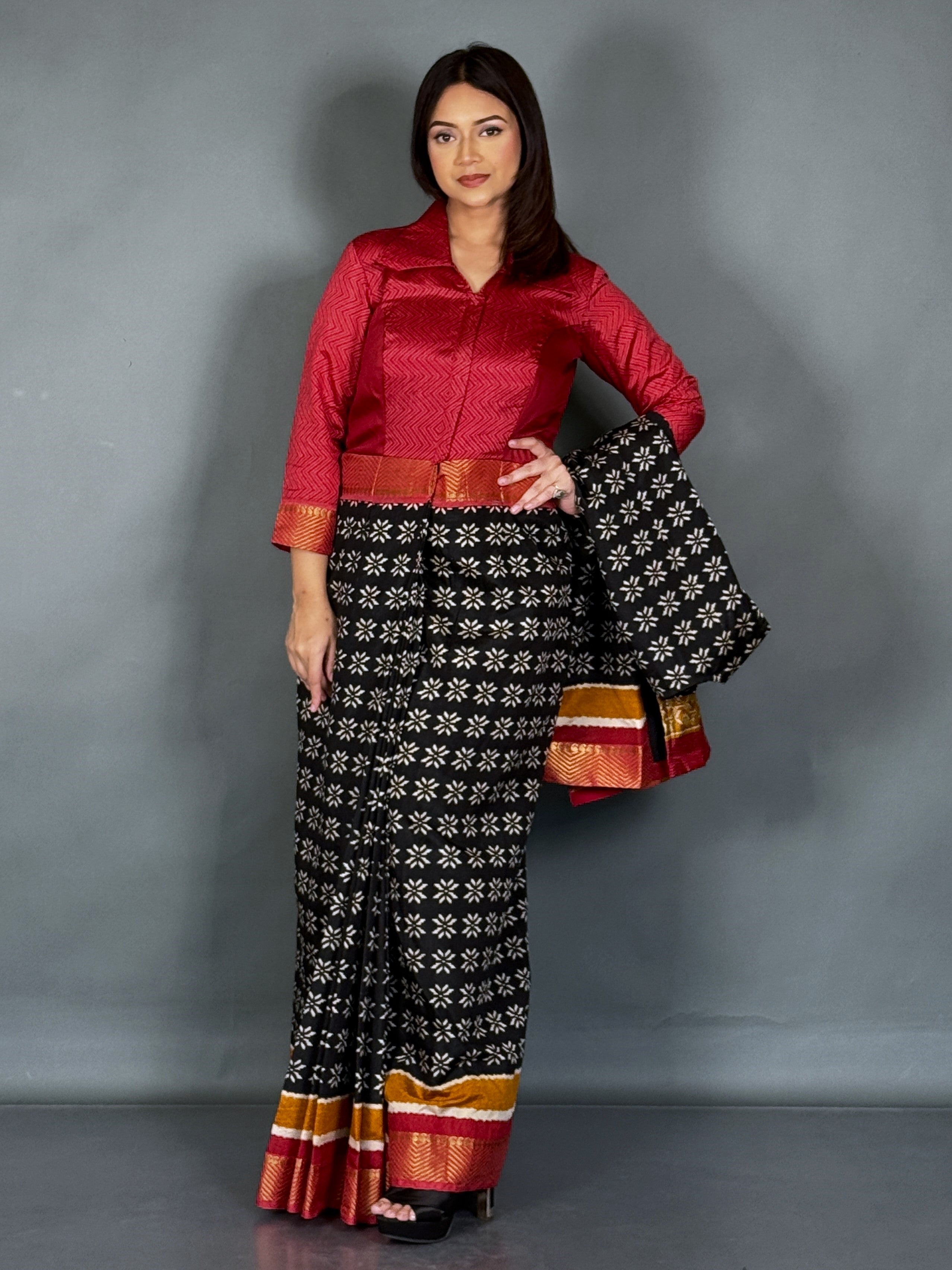 Scarlet Red Patola Ready-to-Wear Saree with Zari Jacket