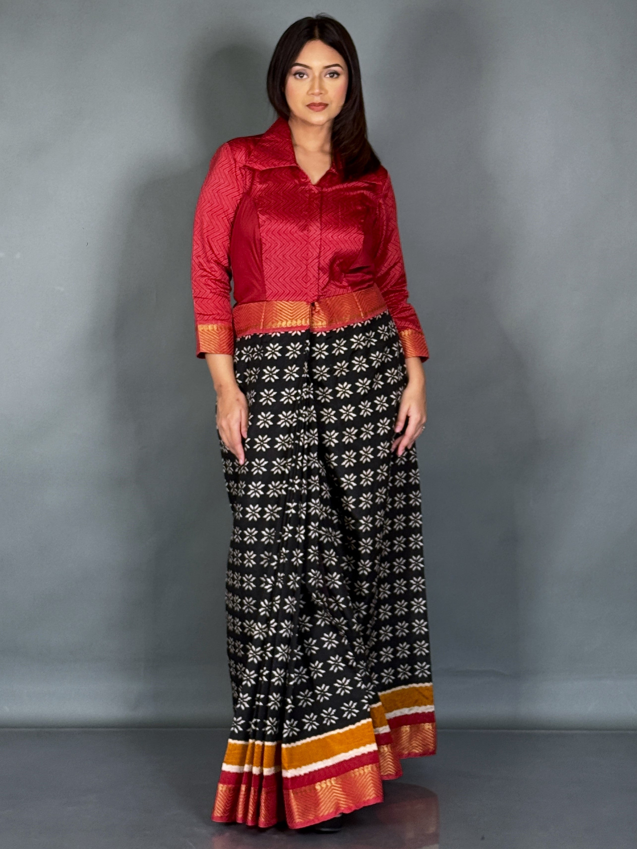 Scarlet Red Patola Ready-to-Wear Saree with Zari Jacket