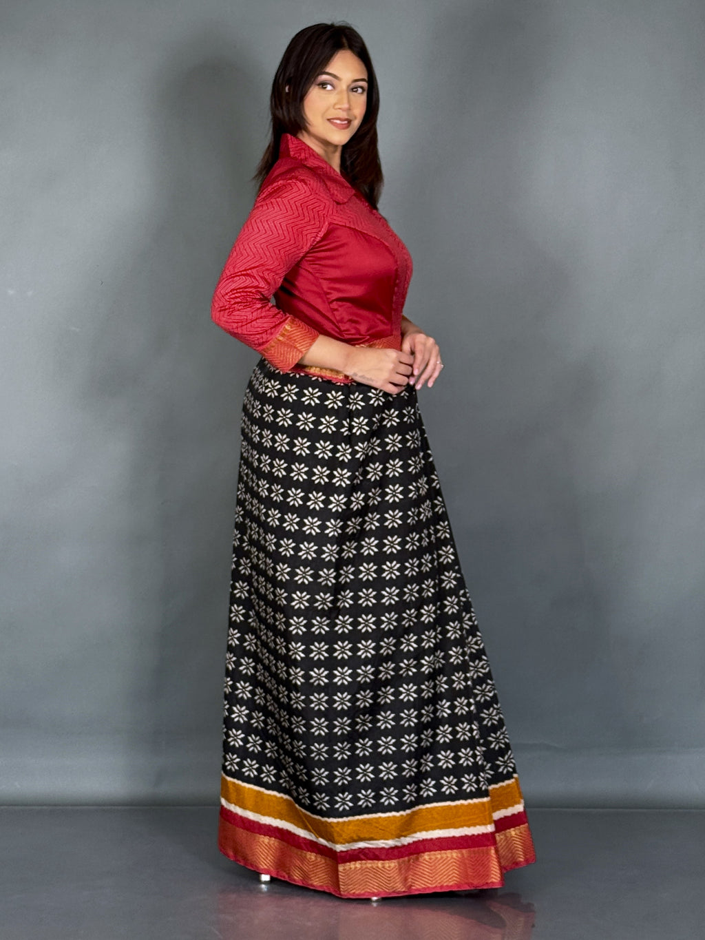 Scarlet Red Patola Ready-to-Wear Saree with Zari Jacket