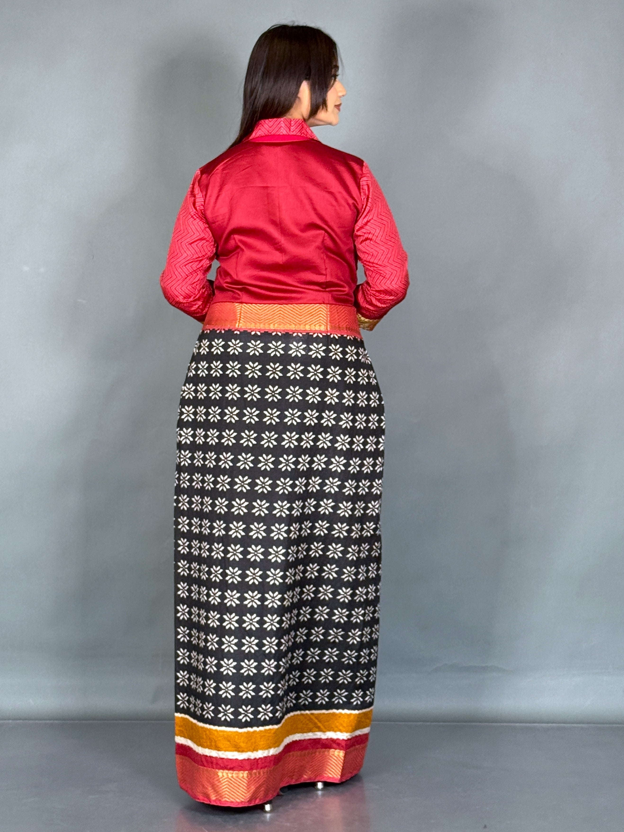 Scarlet Red Patola Ready-to-Wear Saree with Zari Jacket