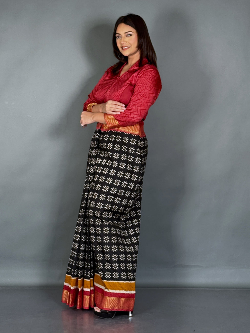 Scarlet Red Patola Ready-to-Wear Saree with Zari Jacket