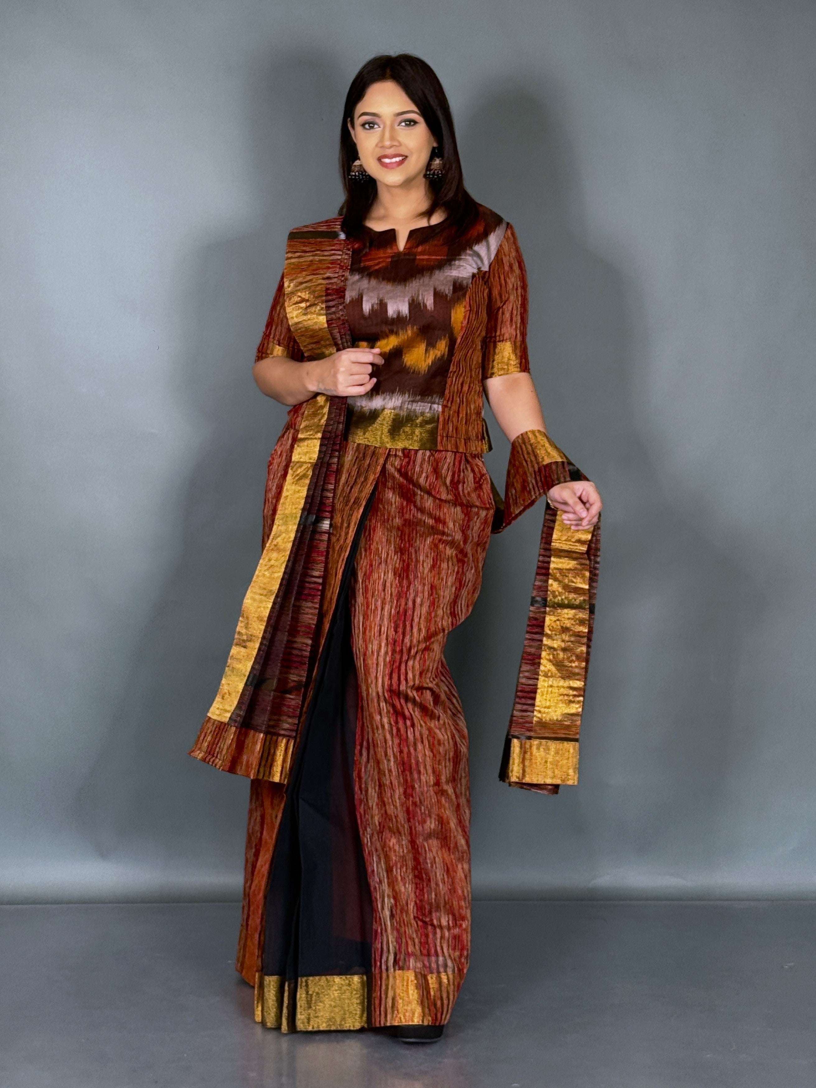 Rust Maroon Plus Size Ready to Wear Saree Set